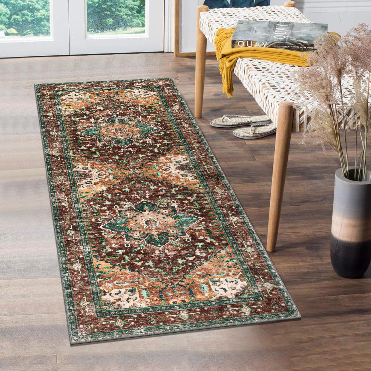 Yamaziot Washable Runner Rug, 2x5 Non-Slip Boho Vintage Hallway Kitchen Rug | Stain Resistant,Low Pile, Soft Distressed Floor Carpet with Rubber Backing for Bedroom, Kitchen, Laundry, Entrance 2' x 5' Rust/Dull Teal