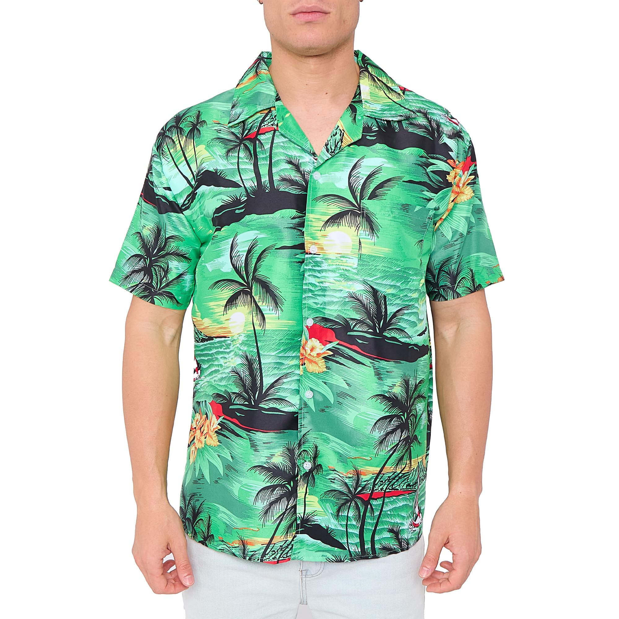 LABEL APPAREL Mens Hawaiian Shirt Palm Stag Beach Hawaii Aloha Party Summer Holiday Top Buttoned Green