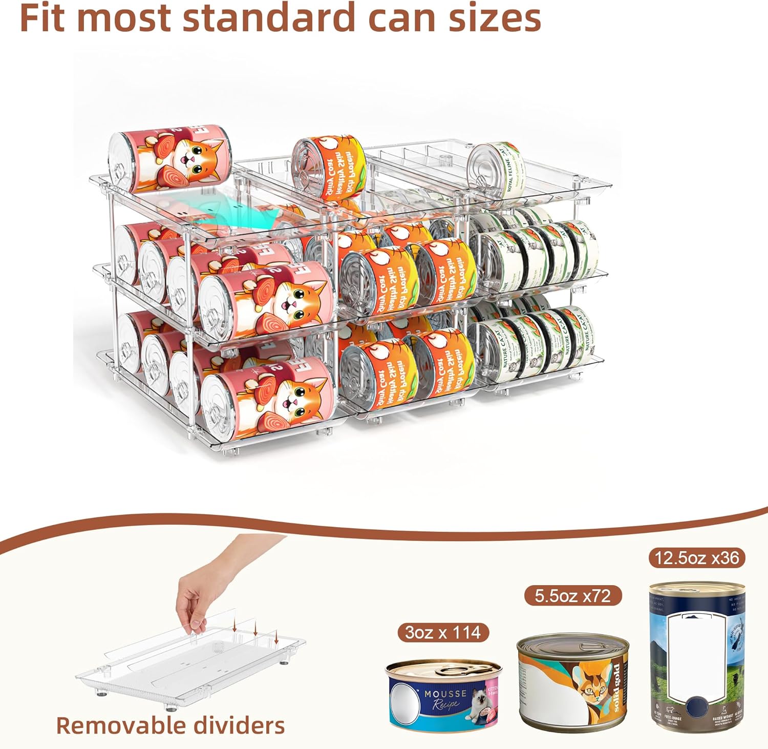 Attelite Cat Food Can Organizer, 3 Tier Can Organizer for Pantry, Rolling Stackable Cat Food Storage Rack Holds 144 (3oz) Cans, Canned Food Organizer for Pantry Kitchen Cabinet