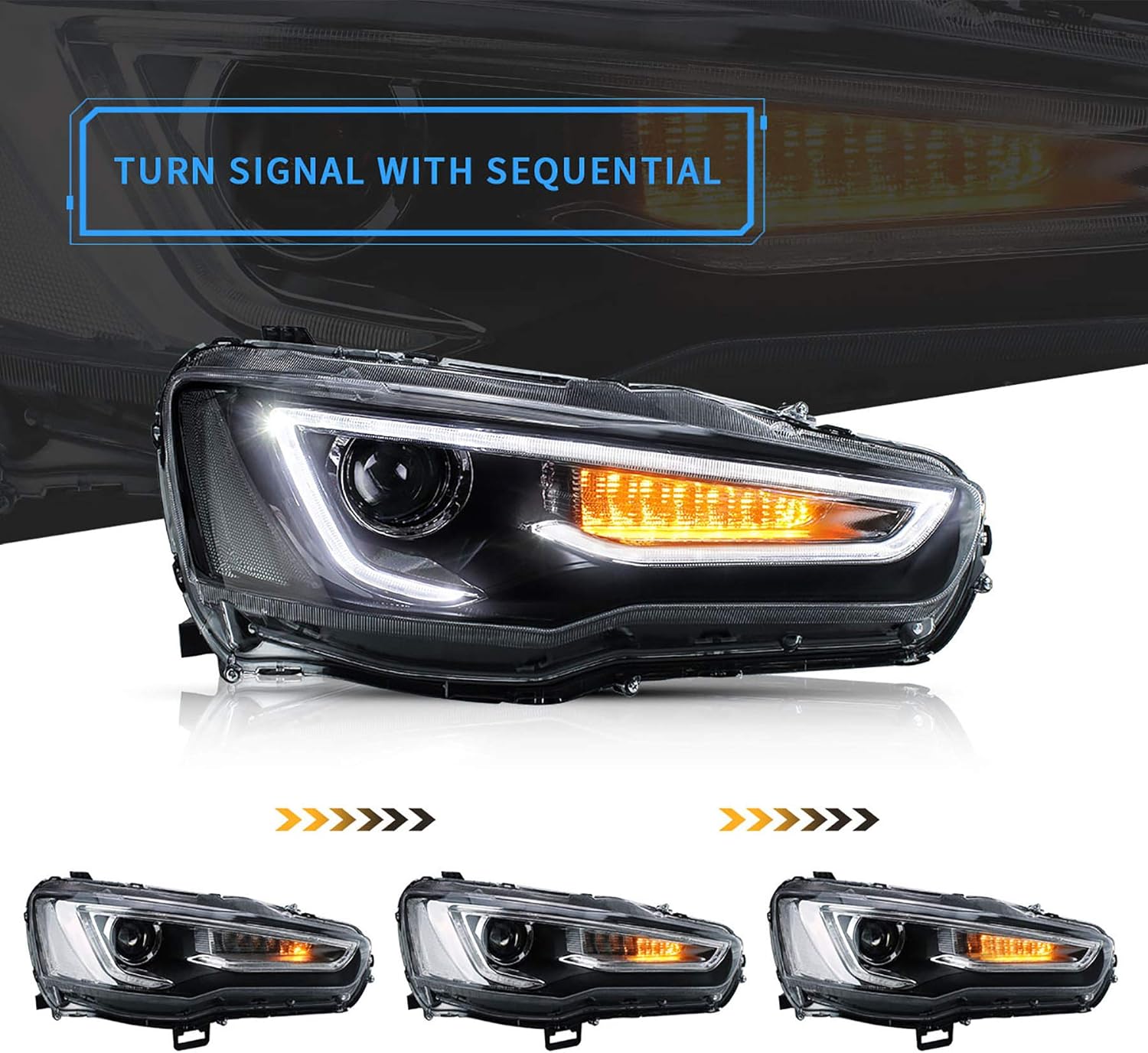 VLAND Led Headlights Compatible with Lancer& EVO X 2008-2020 Projector Front lamp Assembly w/Clear Lens w/Sequential w/Black Housing