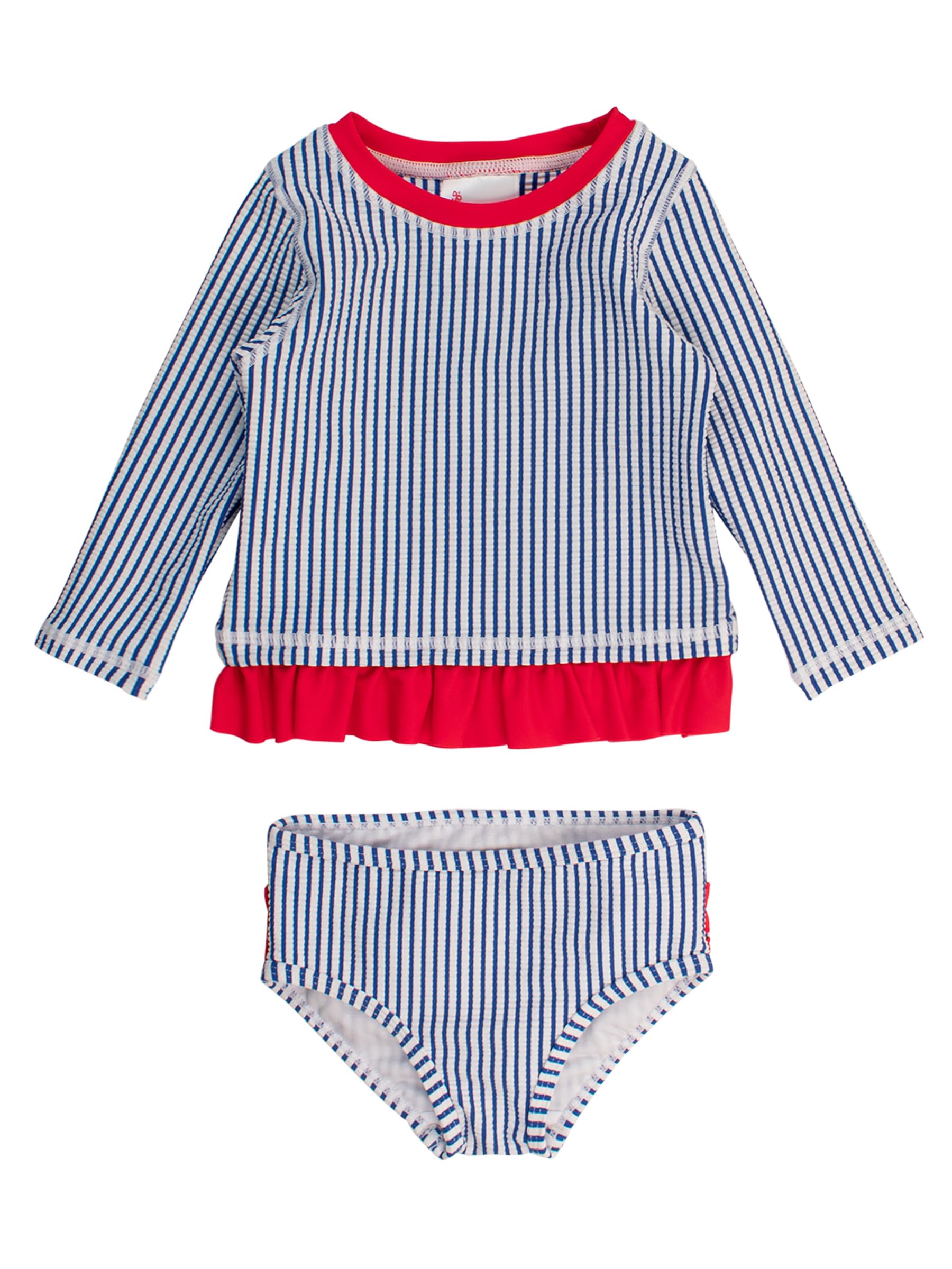 RuffleButts Baby/Toddler Girls Seersucker Long Sleeve Rash Guard Bikini