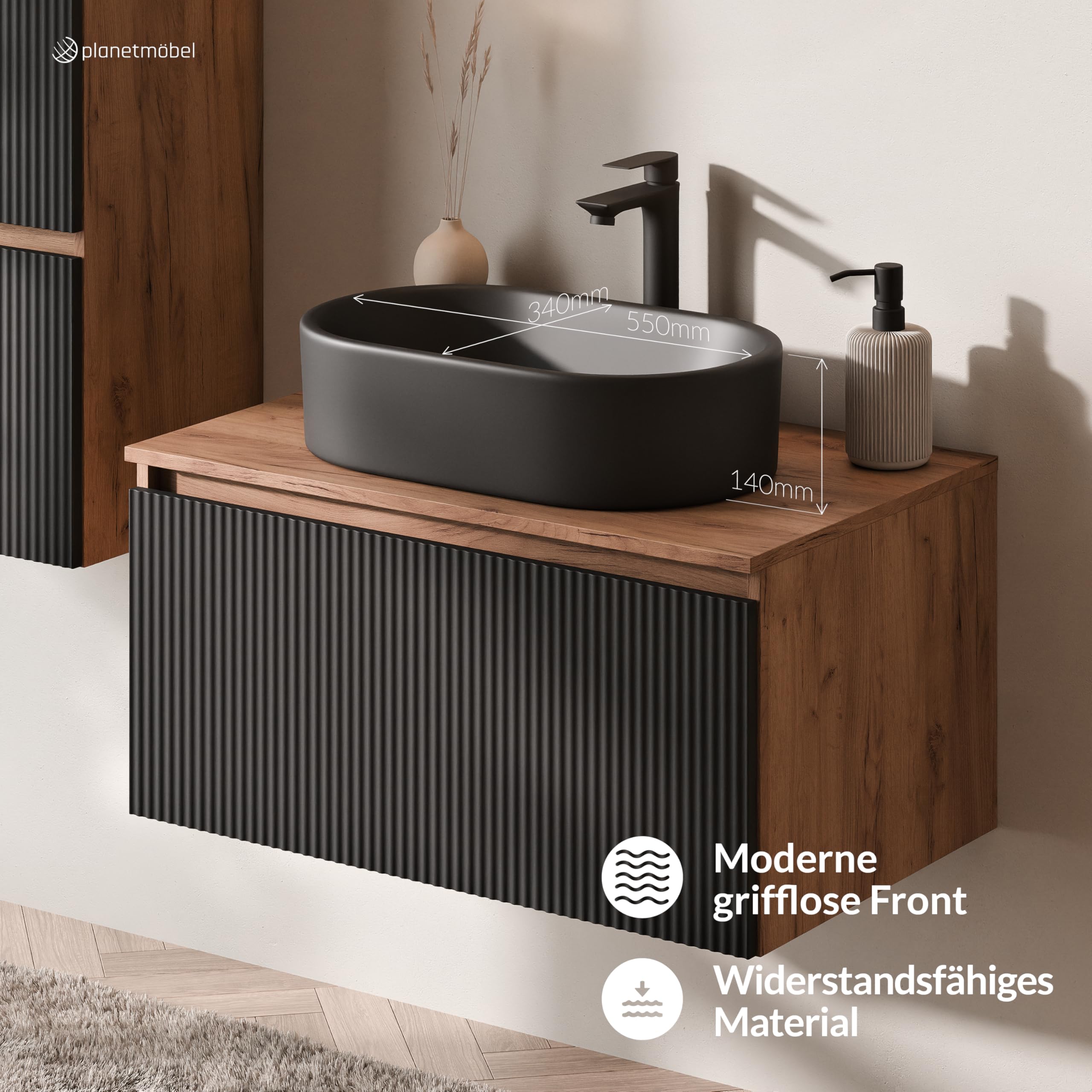 Planetmöbel - Set di mobili da bagno, composto da mobile sottolavabo da 80 cm in oro, rovere nero (a righe), lavandino da 55 cm nero, incluso sifone salvaspazio