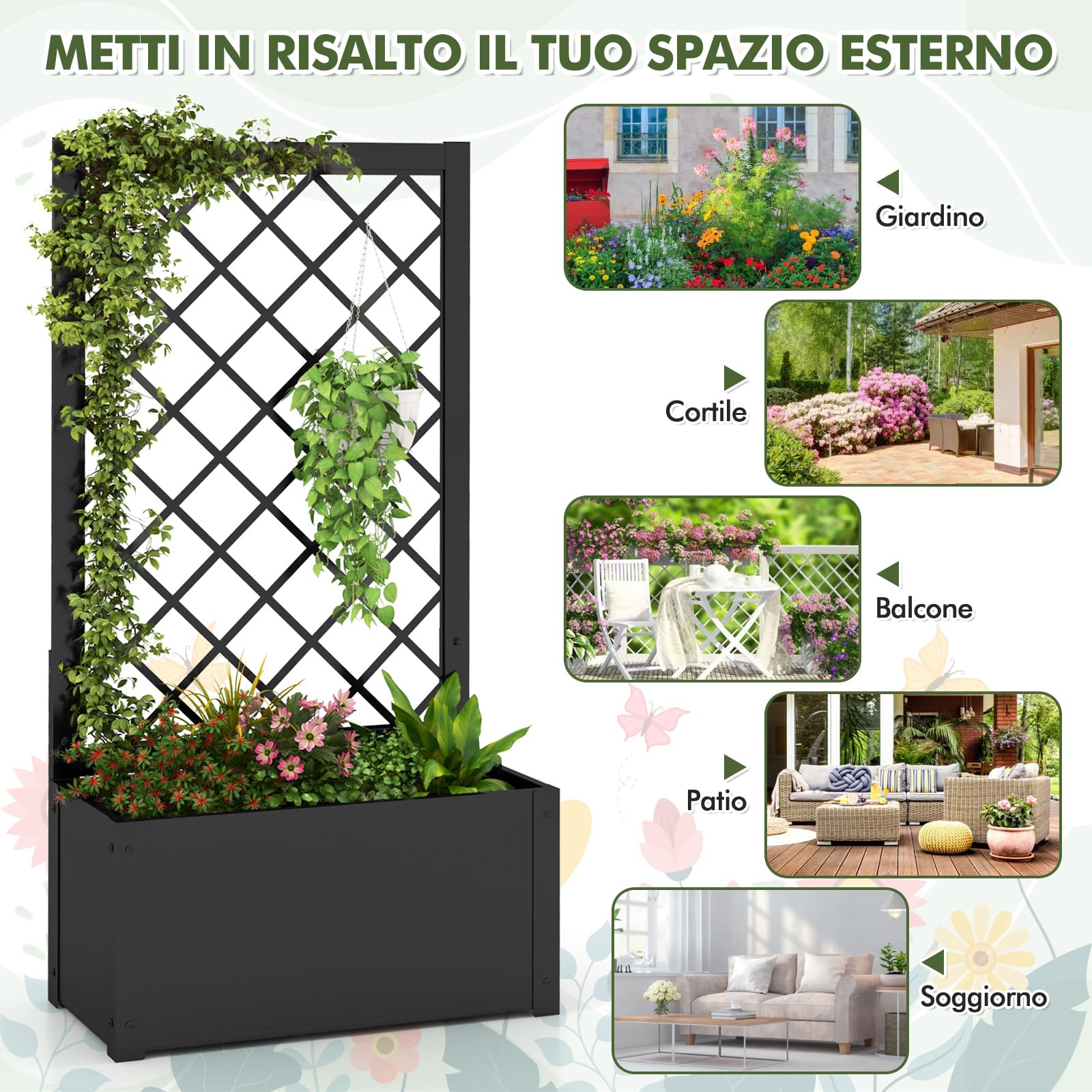 COSTWAY Letto da Giardino Rialzato con Traliccio, Fioriera in Metallo per Piante Rampicanti, Verdure, Viti e Fiori, Aiuola Elevata per Piante Esterno per Patio, Giardino e Balcone