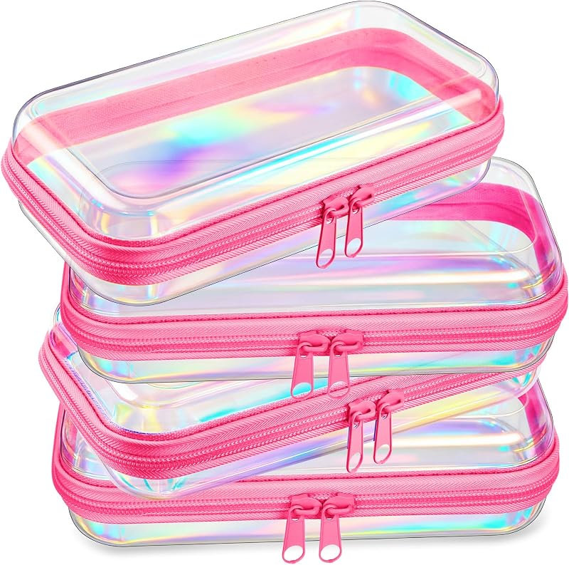 Hoolerry 4 Estojos Rígidos Transparentes com Zíper, Laser, Rosa