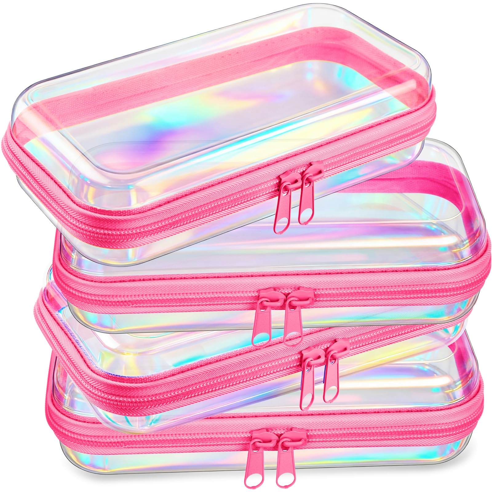 Hoolerry 4 Pcs Hard Clear Zipper Case, Laser, 7.5 x 3.9 x 2 in, Pink