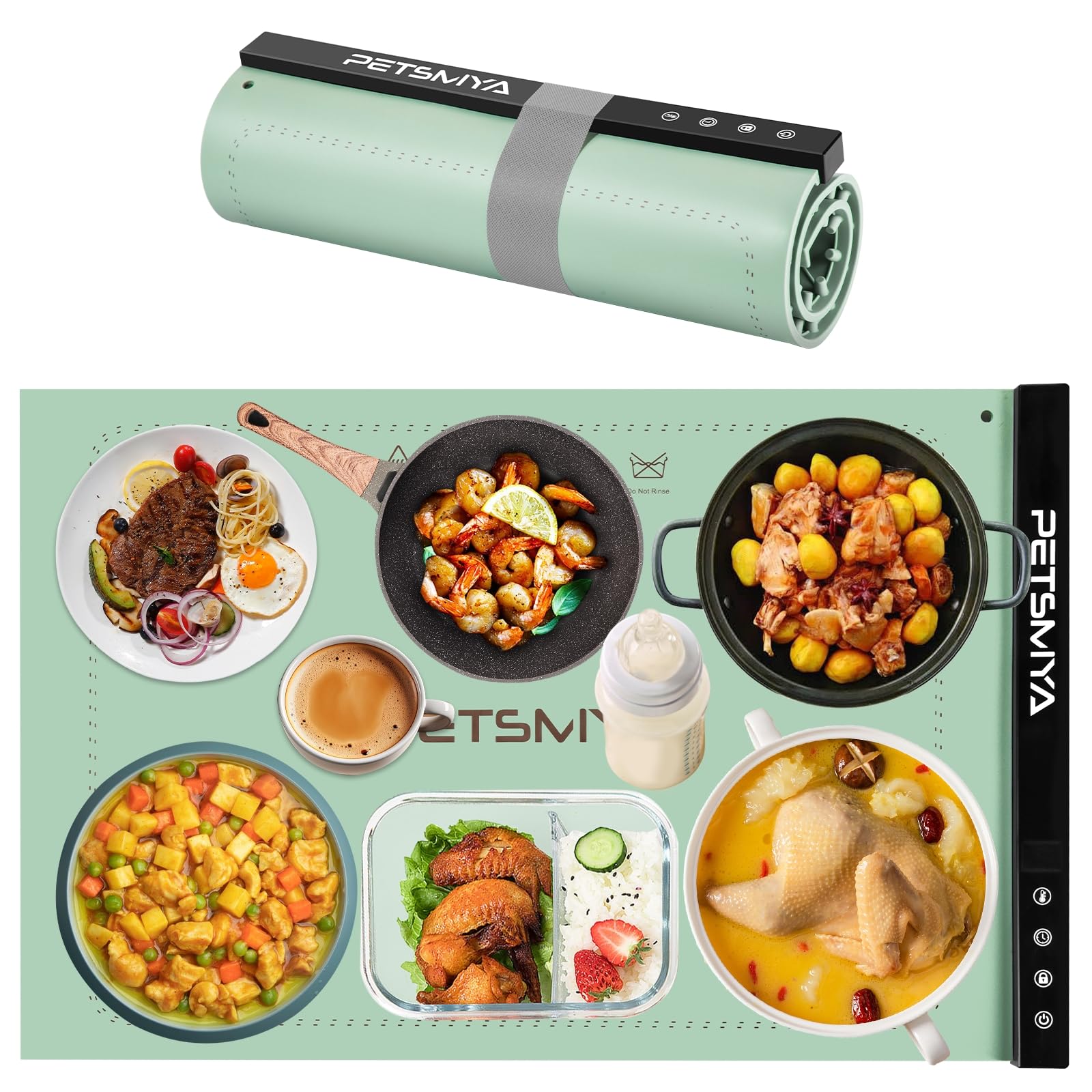 PETSMYA Food Warming Mats for Countertop,Elevated Design for Countertop Protection Warming Mat for Food,10s Fast Heating Food Warmer Mat,6-Temp Settings Electric Heating Mat for Food(Light Green)