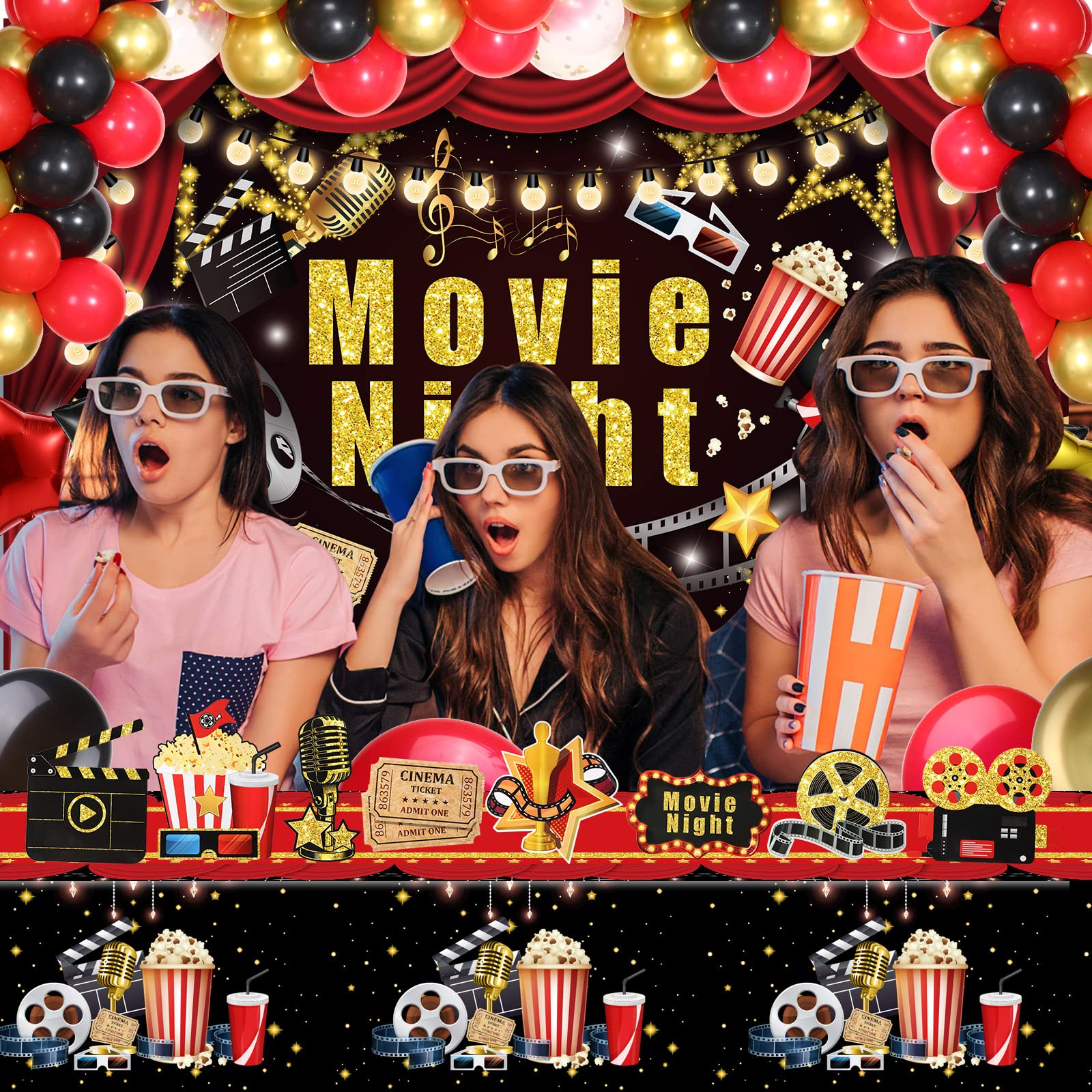 99 Pcs Movie Night Party Decorations Kit Include Movie Themed Table Cover Movie Night Photo Backdrop Film Cutouts and Colorful Balloons for Movie Night Red Carpet Birthday Party Supplies