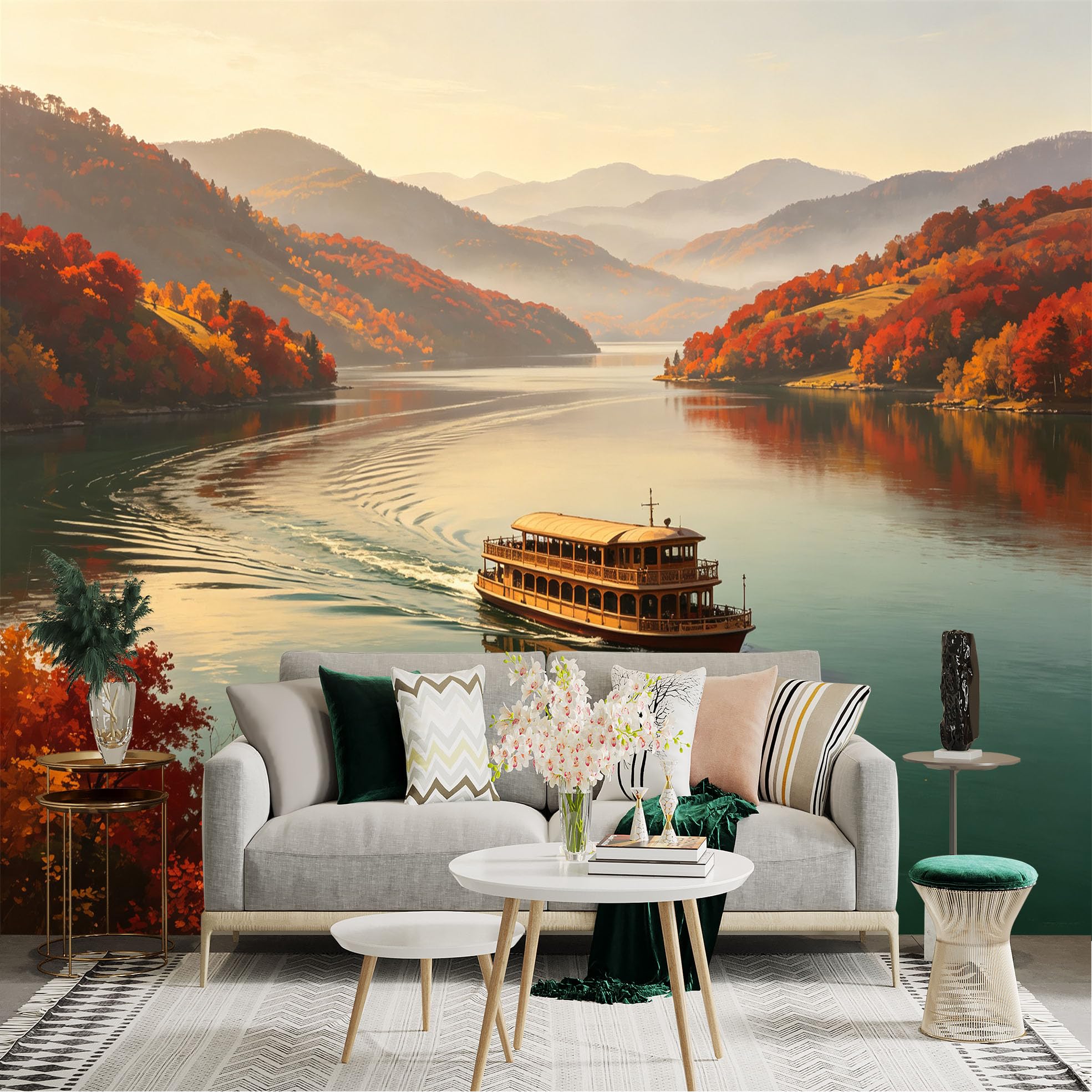 Custom Size Wall Sticker Mural， Scenic Autumn Lake with Passenger Boat， Vibrant Red Maple Trees and Mountain Landscape， for wall Decoration， peelandstick wall Decals.