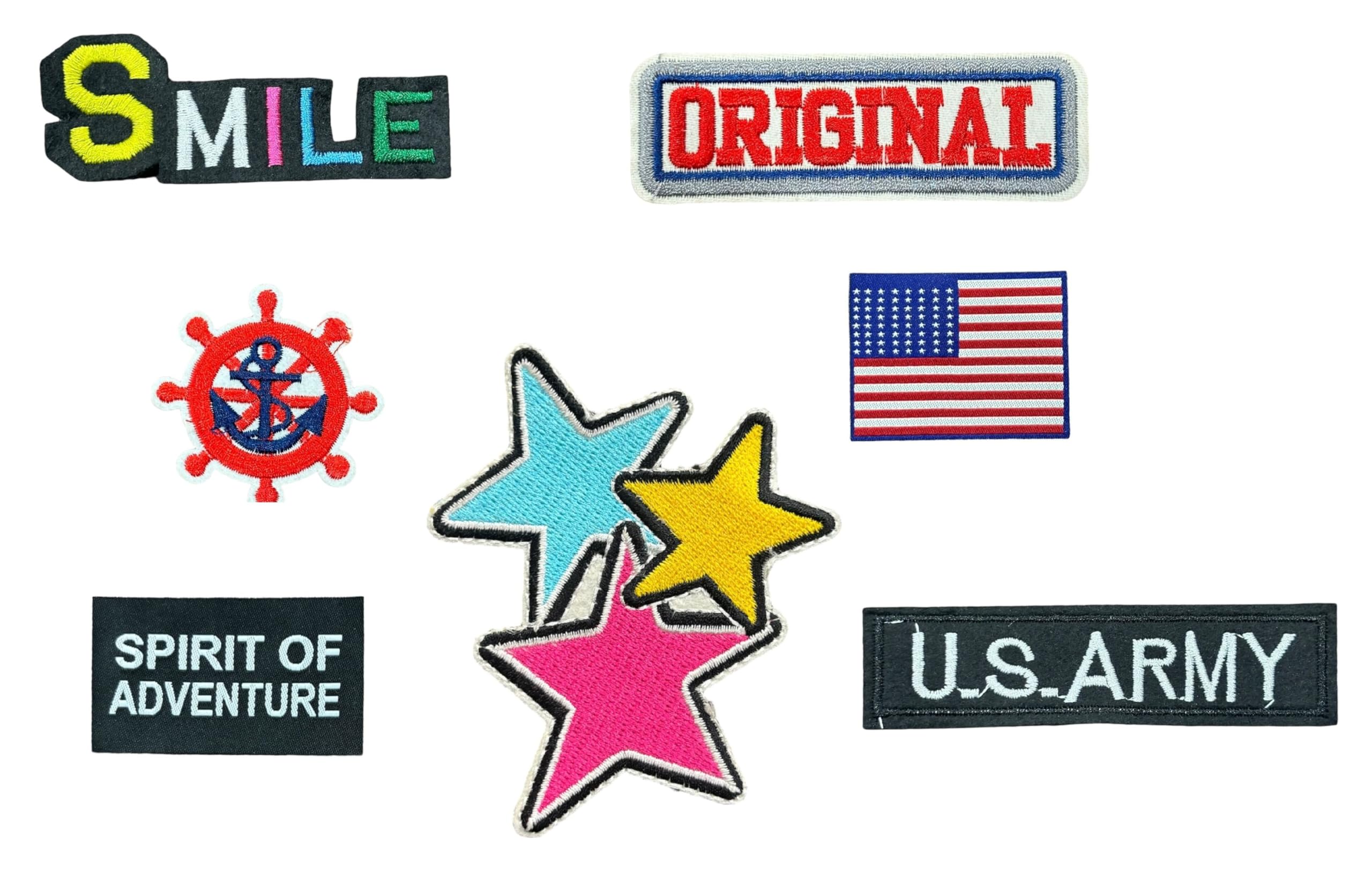 REENA Combo 7 pieces Set Patches Sew on Patches Combo for Clothes Jackets Pants Jeans Bags Stitching .Multiocolor (Combo (ORIGINAL + SMILE+ US ARMY+ANCHOR WHEEL RED+SPIRIT OF ADVENTURE+US FLAG + USA RECTANGLE) 7 pc)