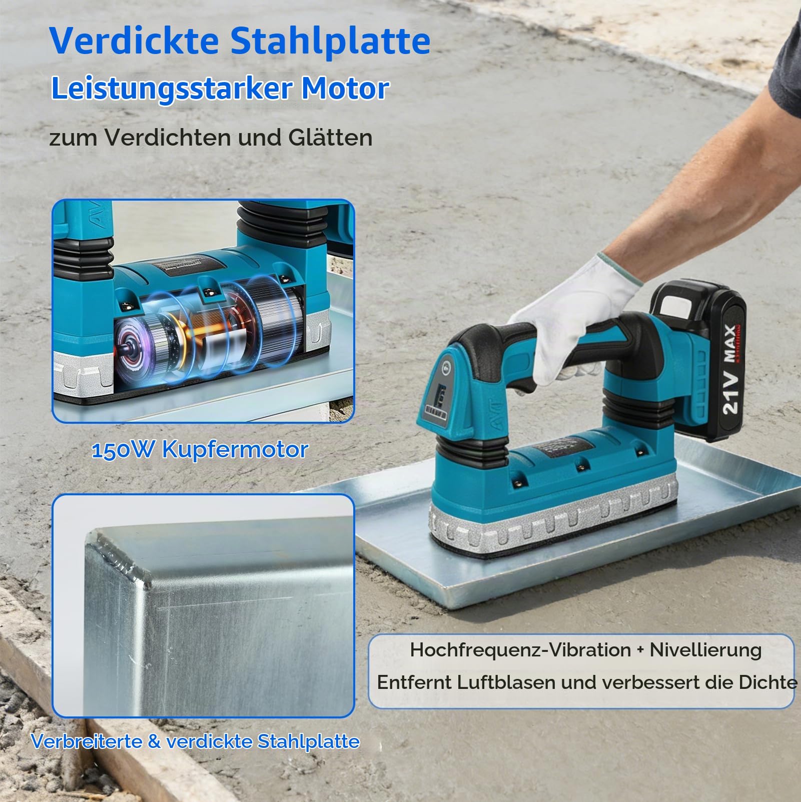 150W Akku Rüttelplatte, Elektrischer Handstampfer mit 2 Akkus, 6 Stufen