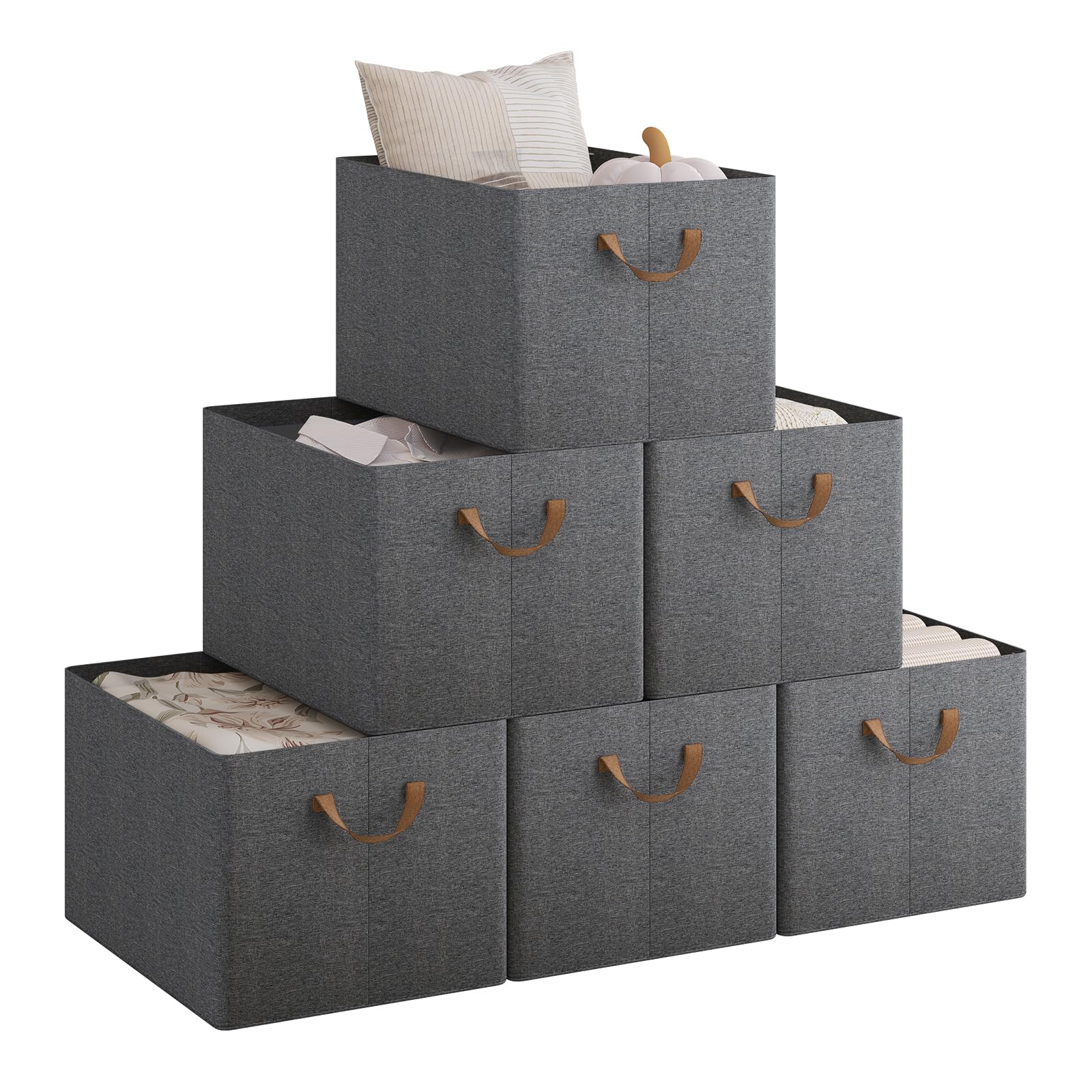 WOLTU ABB11gbn-6-UK Foldable Storage Boxes Set of 6, Fabric Storage Cubes with Handles, Organiser Boxes Clothes for Shelves, Grey, 47 x 35 x 30 cm โ image 1