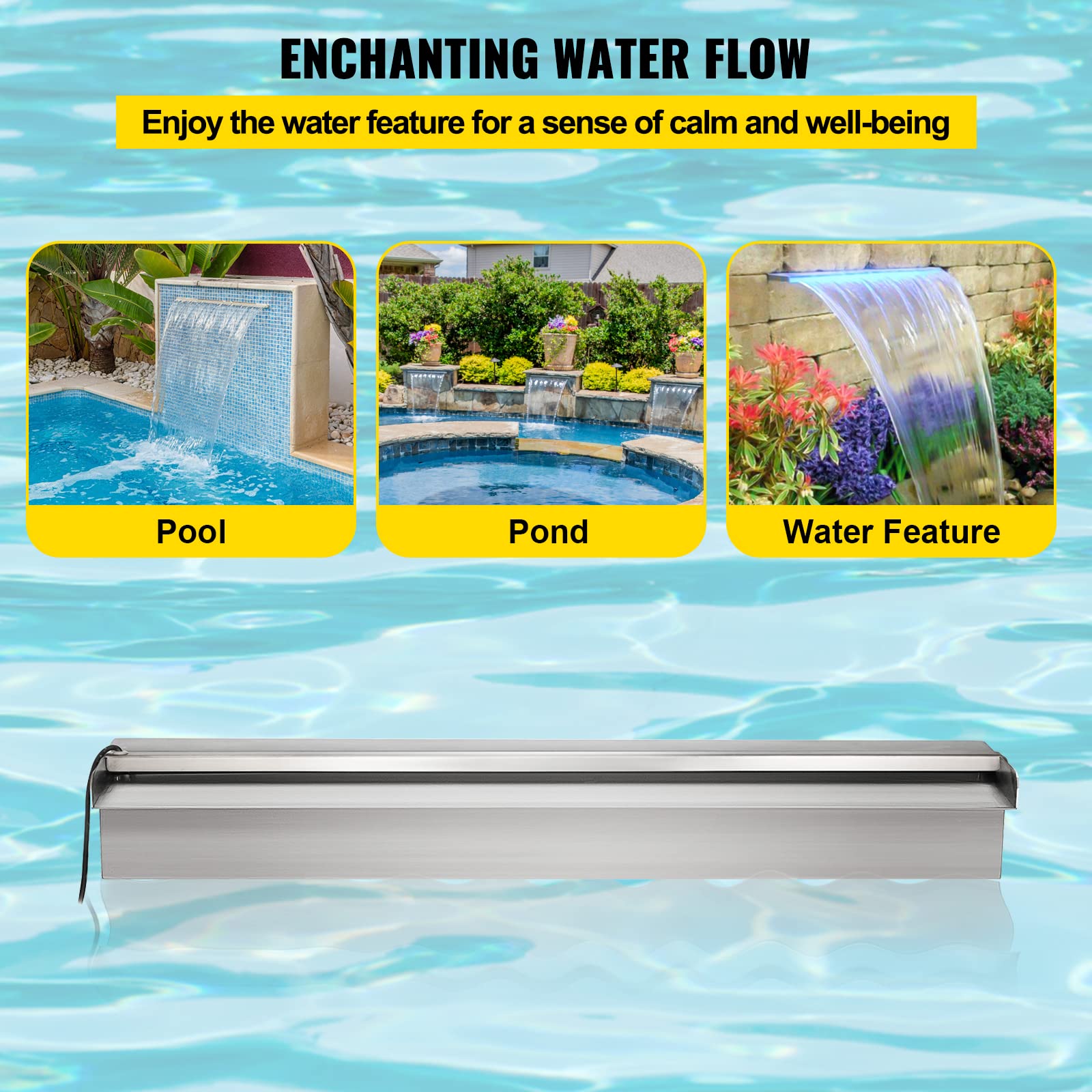 VEVOR Fontaine de la Piscine, Étang Argent 220 V en Acier Inoxydable Cascade Bassin Extérieur 60 x 11.5 x 8 cm avec 2 Conduits d'eau et Un Télécommande, pour Décoration à l'Étang et la Piscine