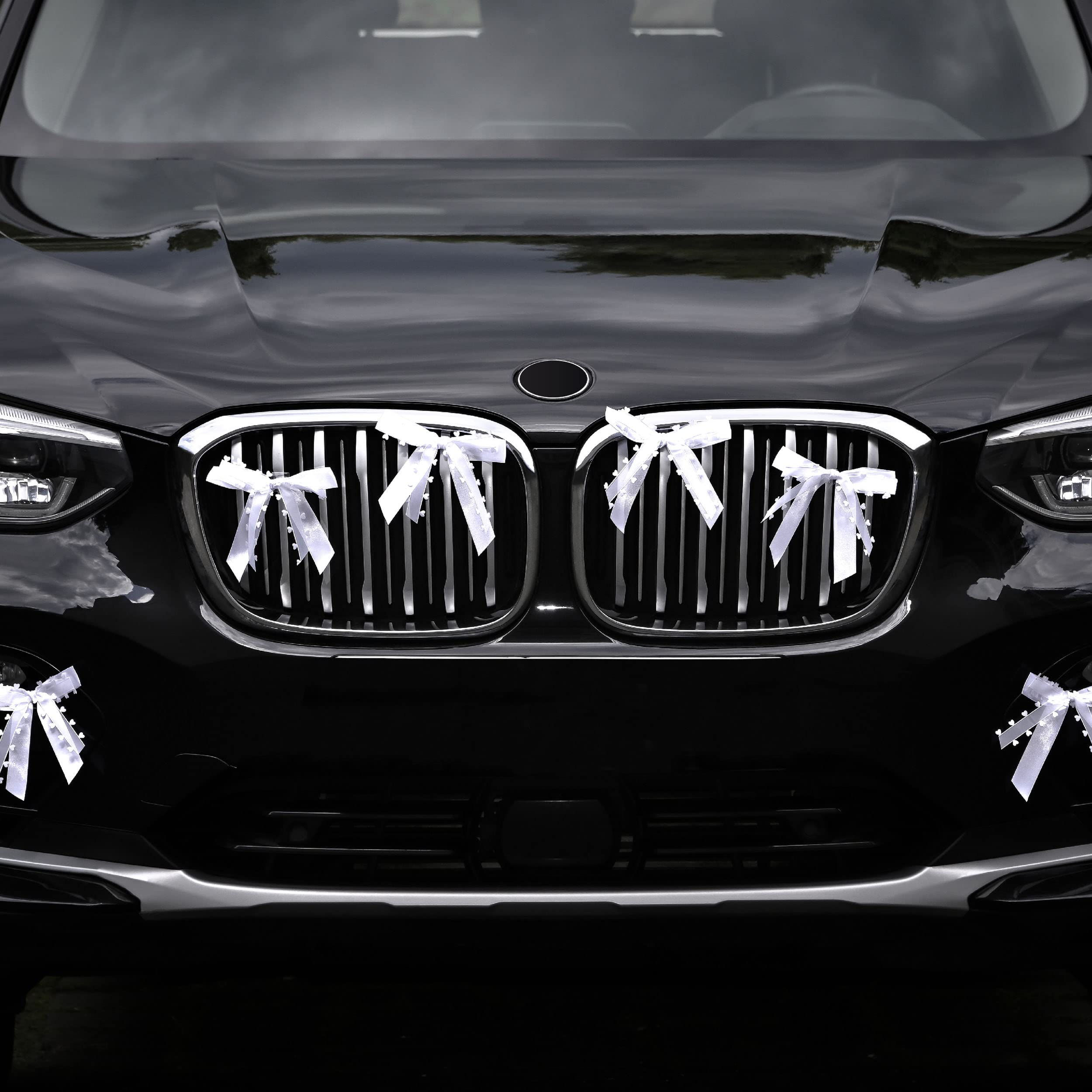 Lazos de Boda Coche con Corazones Blanco - Hecho a Mano - Cinta de Satén - Fácil de Atar - Decoración de Boda