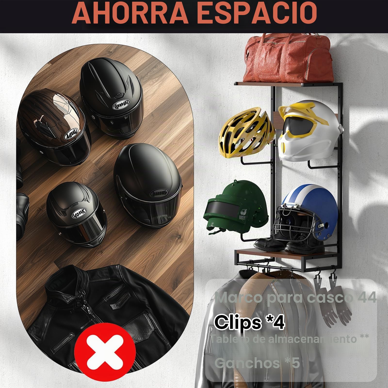 Colgador Casco Moto Pared Perchero para Casco Soporte para colagar el Casco y la Chaqueta Gancho Con Tablero de Madera de 2 Capas para Guardar Accesorios de Motocicleta