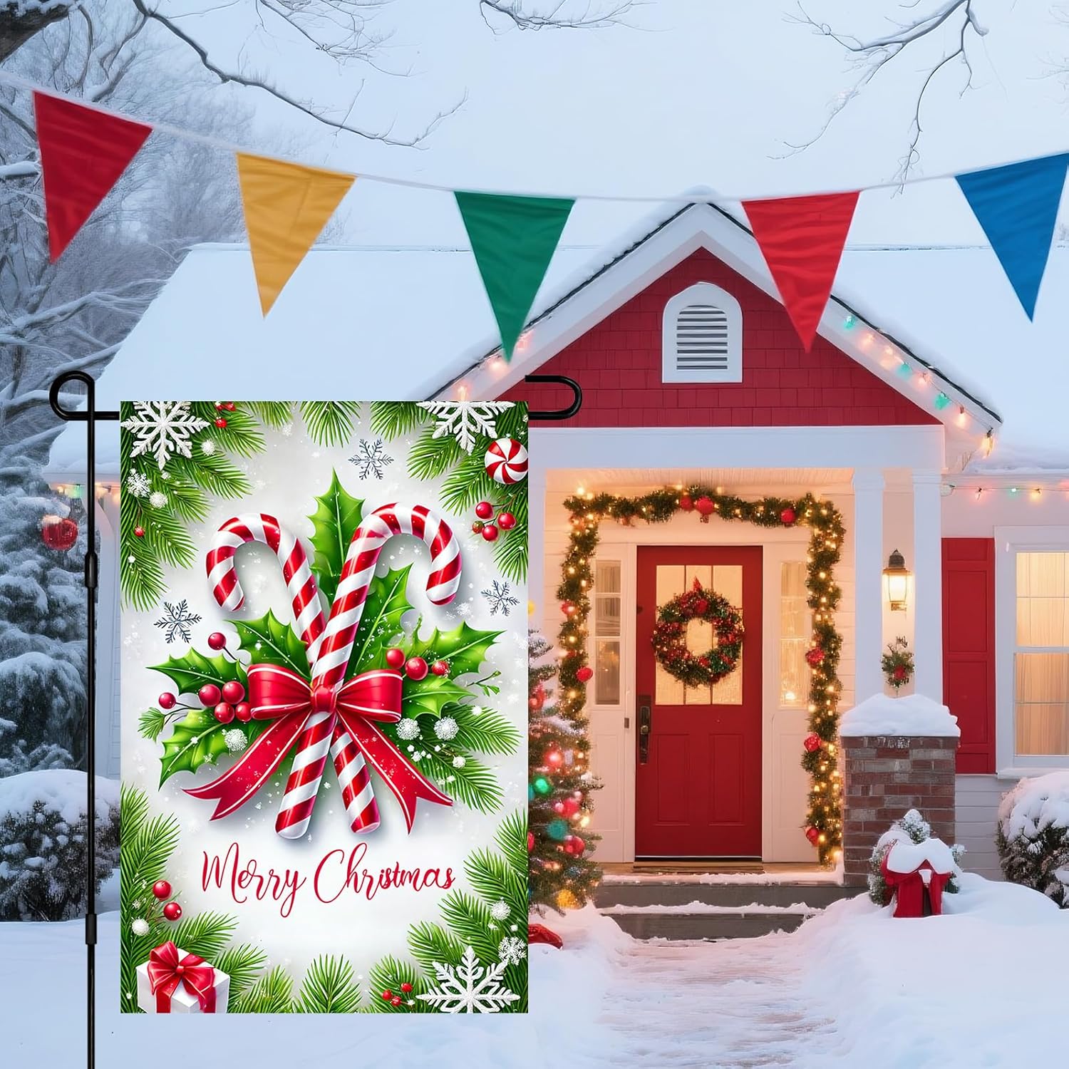 IVN Christmas Candy Cane Garden Flag 12x18 Inches Double Sided Holiday Yard Decor Red And White Striped Candy Holly Bow Outdoor Garden Porch Lawn Patio - Image 7