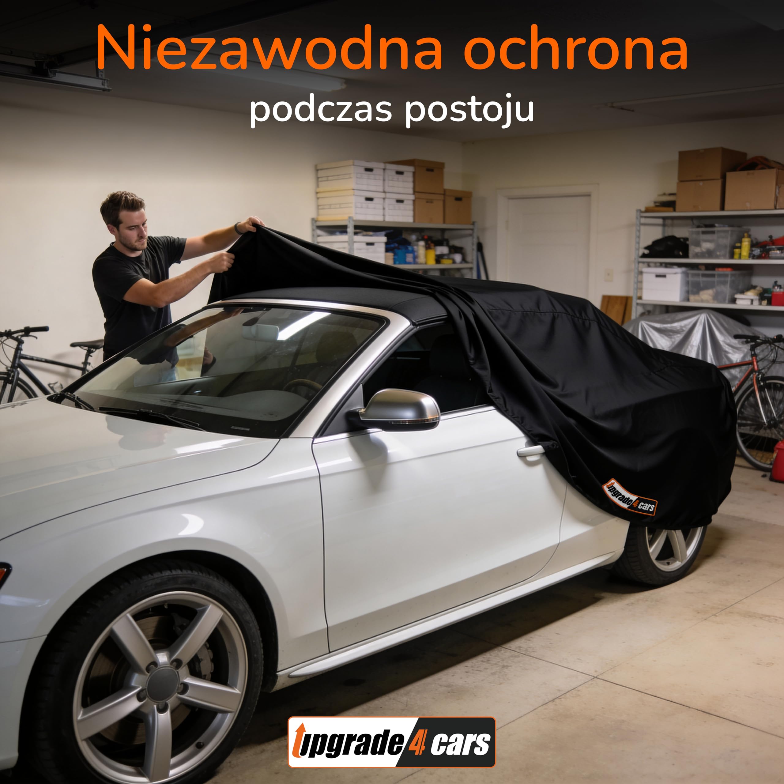 Upgrade4cars Plandeka na samochód, do użytku wewnątrz i na zewnątrz, rozciągliwa, z materiału w kolorze czarnym, rozmiar do samochodu osobowego – S (370-420 cm)