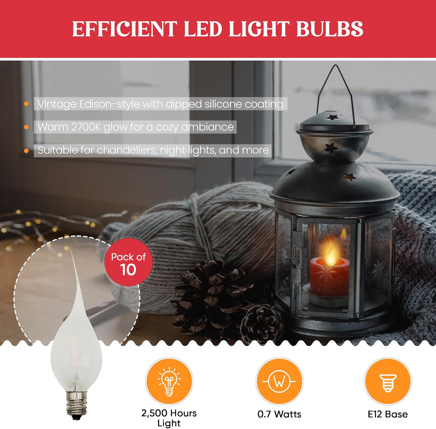 Creative Hobbies Silicone LED Night Light Bulbs, C7 Replacement Light Bulbs – 0.7W Equivalent to 4W 5W 6W 7W Incandescent, White Warm 2700K, Christmas String Lights, Electric Window Candles | 10 Pack