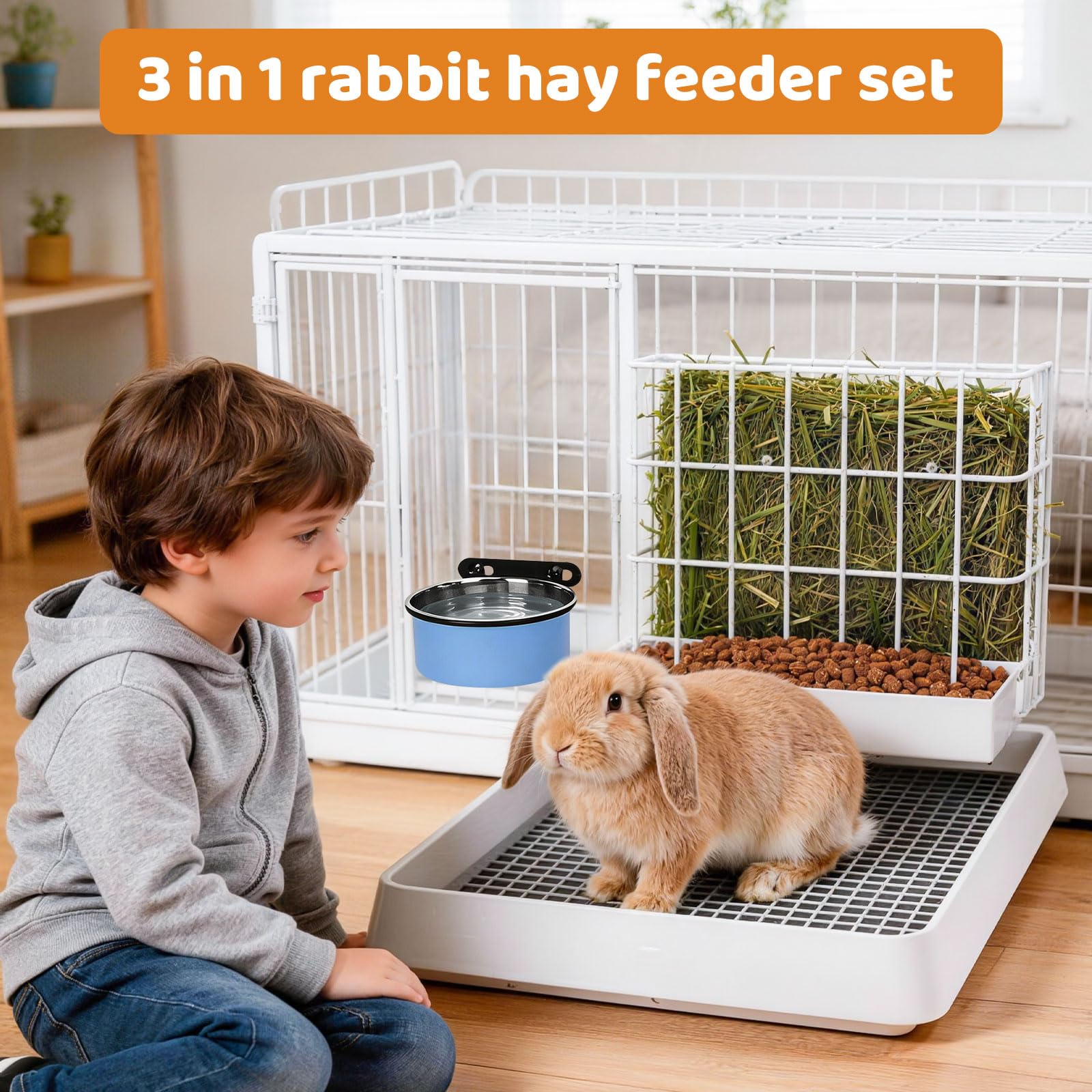 3 in 1 Rabbit Litter Box with Hay Feeder, Bunny Litter Box with Metal Guinea Pig Hay Feeder and Hanging Water Bowl for Bunny, Guinea Pigs, Chinchillas and Other Small Animals - image 6