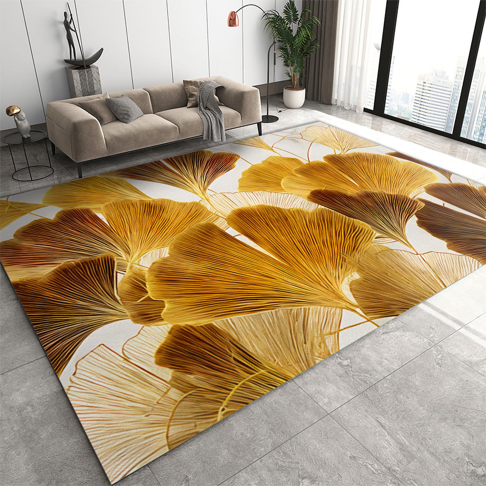 FIEMAR Vintage Ginkgo Leaf Area Rugs, Modern Classic Plant Large Area Rug, Large Non Slip Carpet Soft Machine Washable for Living Room Dining Room Bedroom Bedside Playroom Office Patio-100 x 150 cm