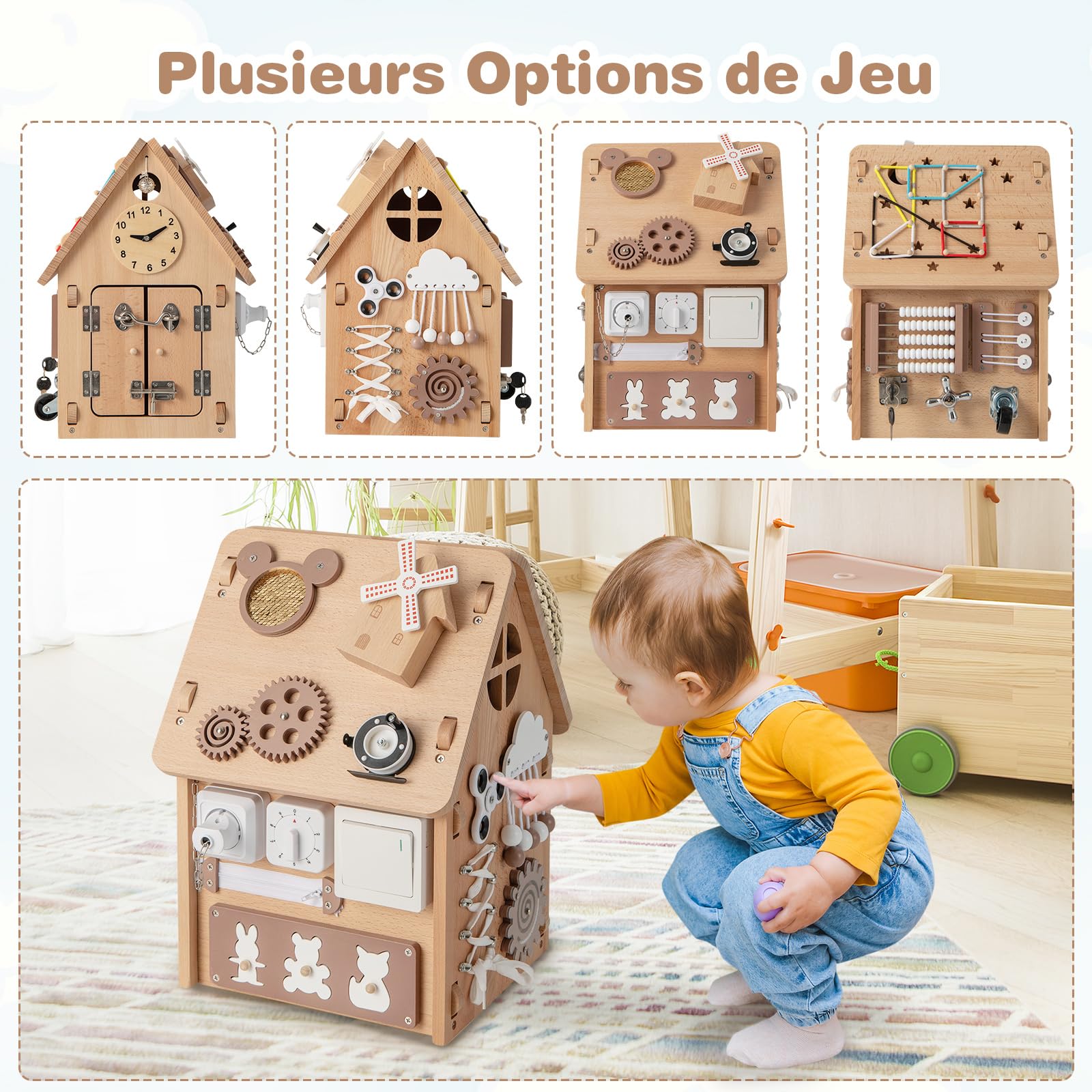 DREAMADE Cube d'Activités Enfant en Bois, Maison de Jeu Montessori avec 23 Composants, Jouet Éducatif 3+ Ans