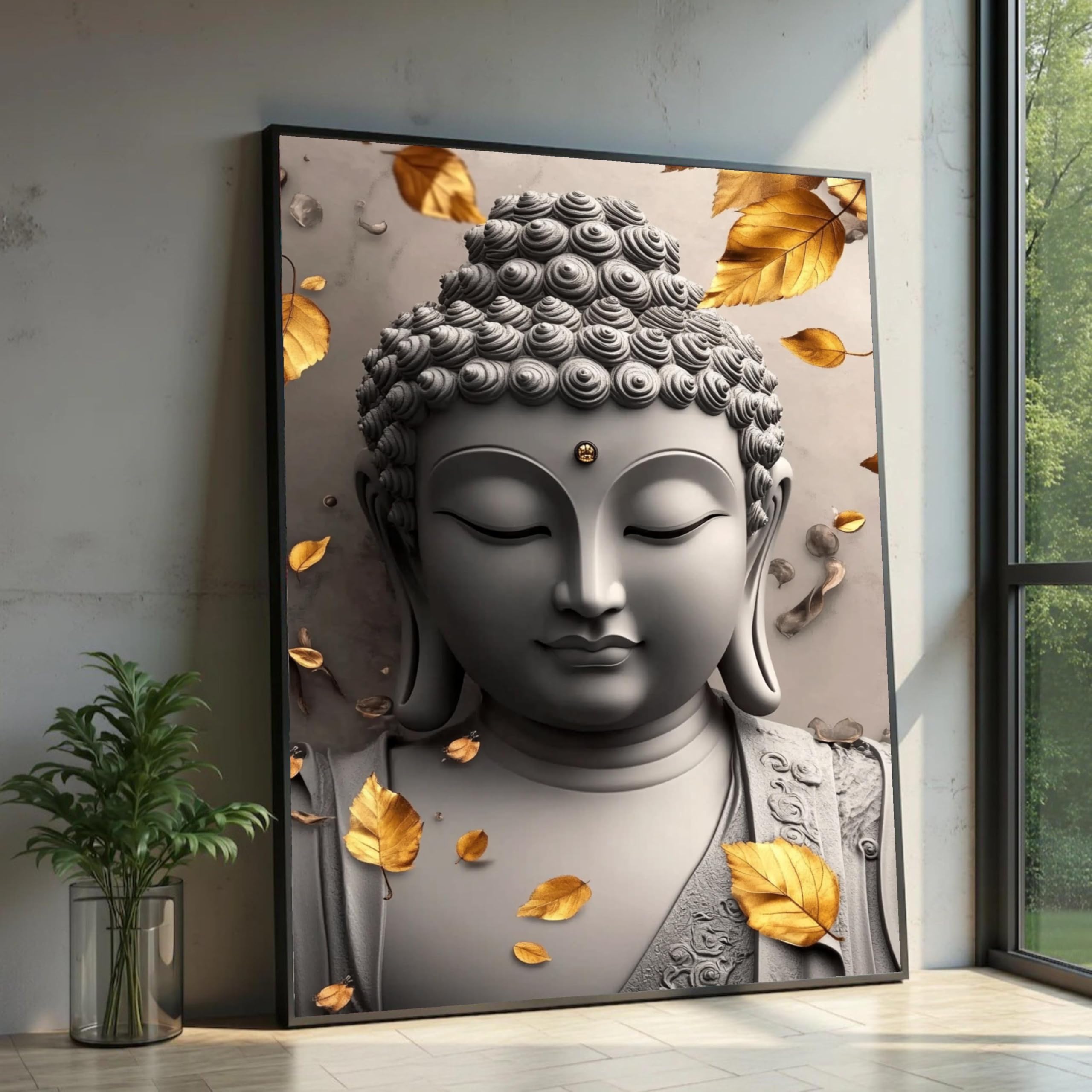 XINBAO Buddha Face Canvas Art, Golden Autumn Leaves, Zen Decor, Large Canvas Wall Art, for Home Wall Decor sized Piece Painting(50x70cm/Frameless)