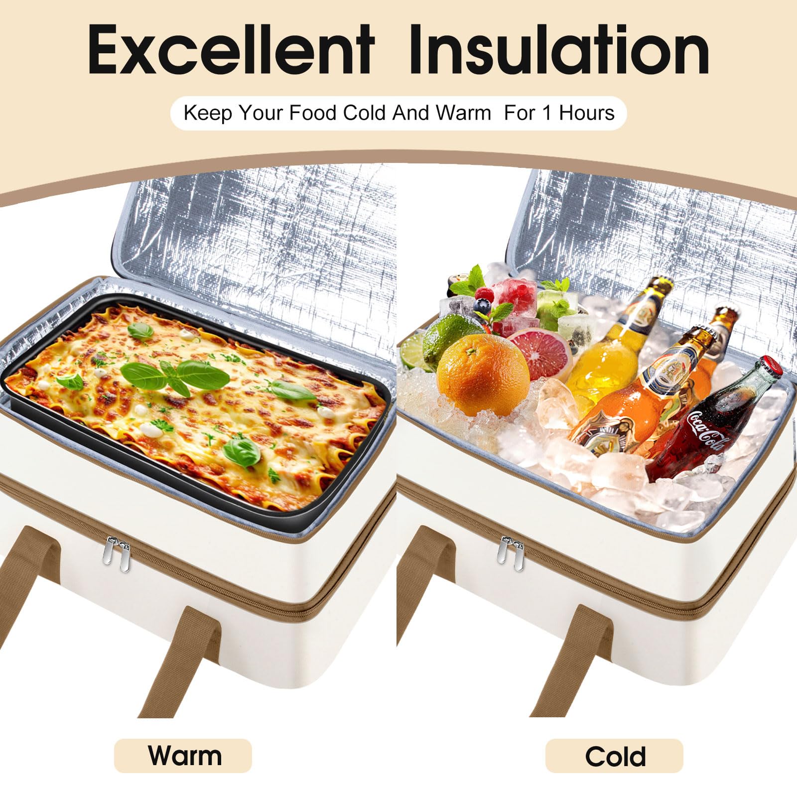 Cacerola de doble aislamiento, portador de cacerola para alimentos fríos o calientes | Cacerola, bolsa de almuerzo para lasaña, fiestas de comida, se adapta a bandeja para hornear de 9 x 33 cm, color beige