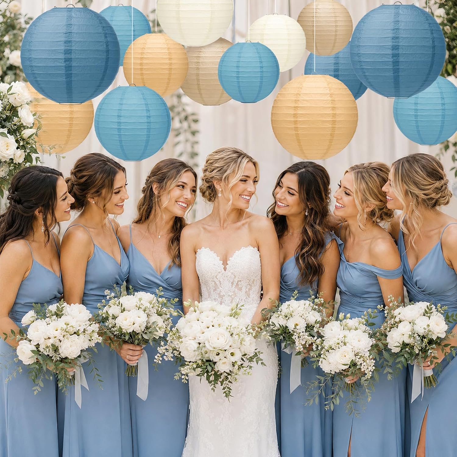 15 Pack Dusty Blue Paper Lanterns with String, 6/8/10 Inches | Beige Ivory Kraft Hanging Decor for Boy Baby Shower, Wedding, Bridal Shower, Birthday, Boho Coastal Party