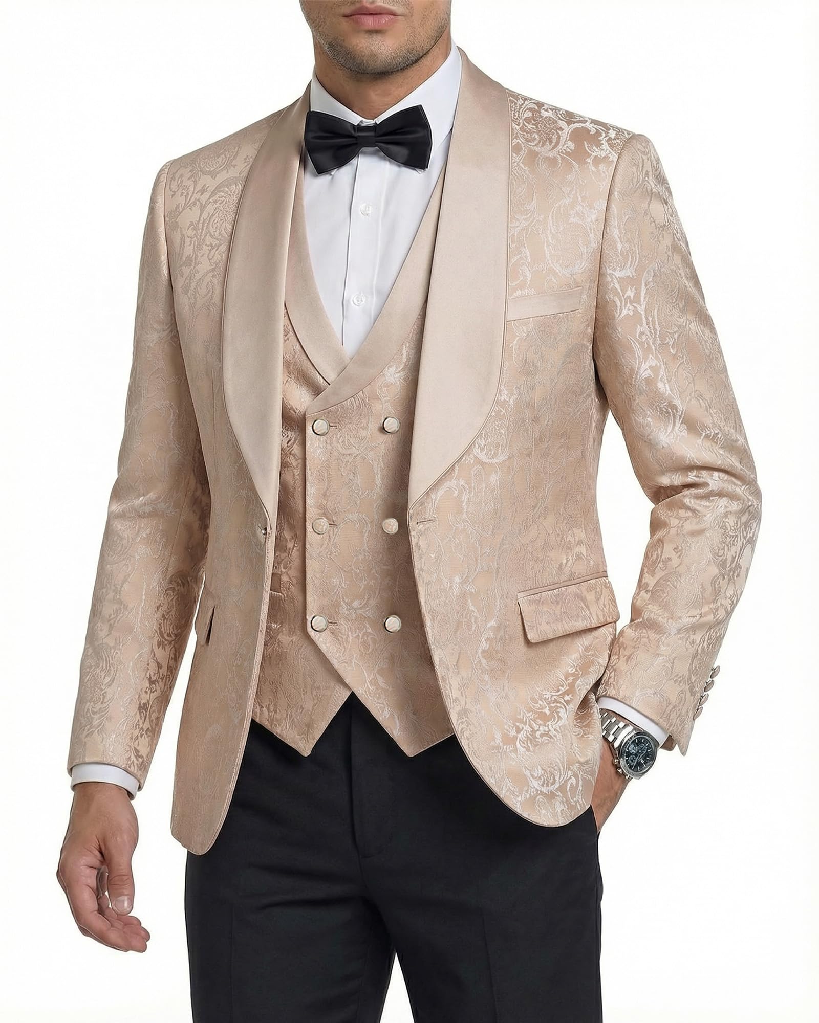 Hihawk Mens 3 Piece Floral Tuxedo, Jacquard Slim Suit Set, Paisley Blazer Vest and Pants with Bow Tie for Prom Wedding