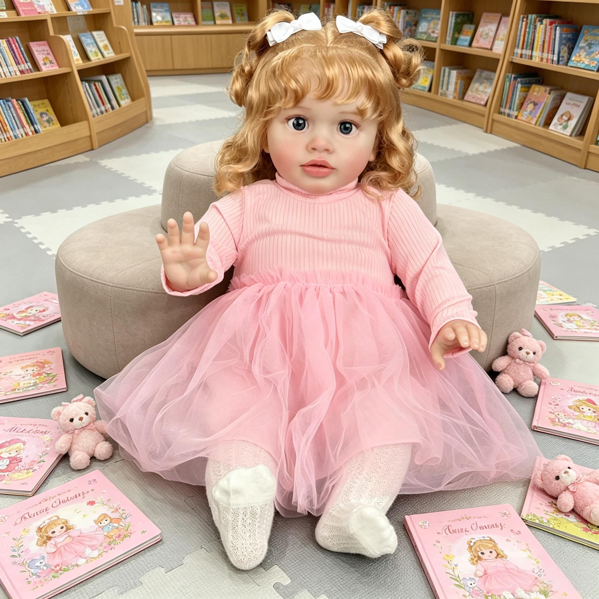 Reborn Kleinkind Puppe Mädchen Pippa 26 Zoll Big Size Reborn Babypuppen mit blondem lockigem Haar Realistische Babypuppe Tuch Körper Lebensechte Kleinkind Babys Puppen mit Prinzessin Kleid