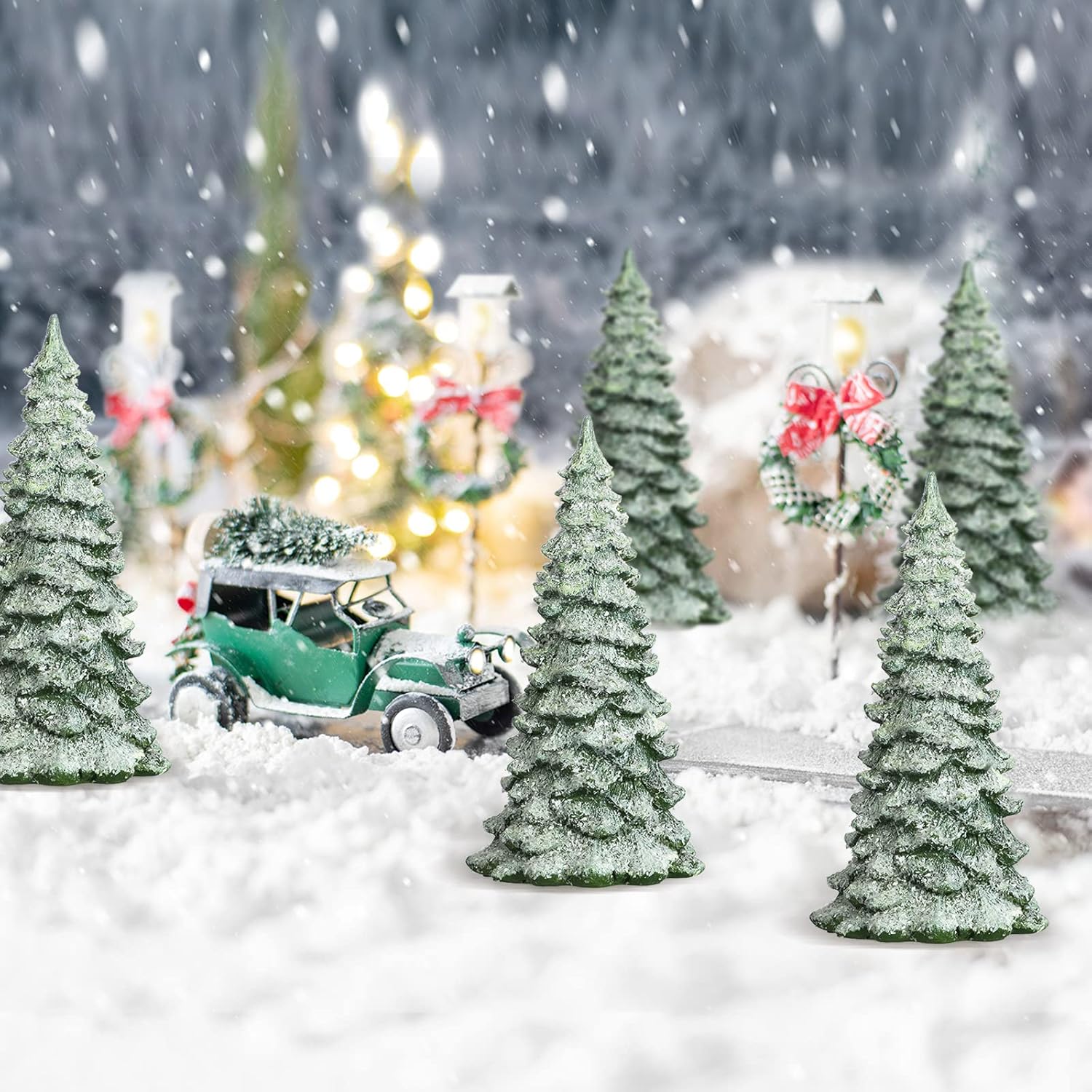 4 Pcs Winter Spruce Accessory Figurine Christmas Spruce Trees Artificial Snow Frost Trees Assorted Sizes Green Faux Spruce Trees Covered with Snow Artificial Christmas Trees Sculpture for Villages