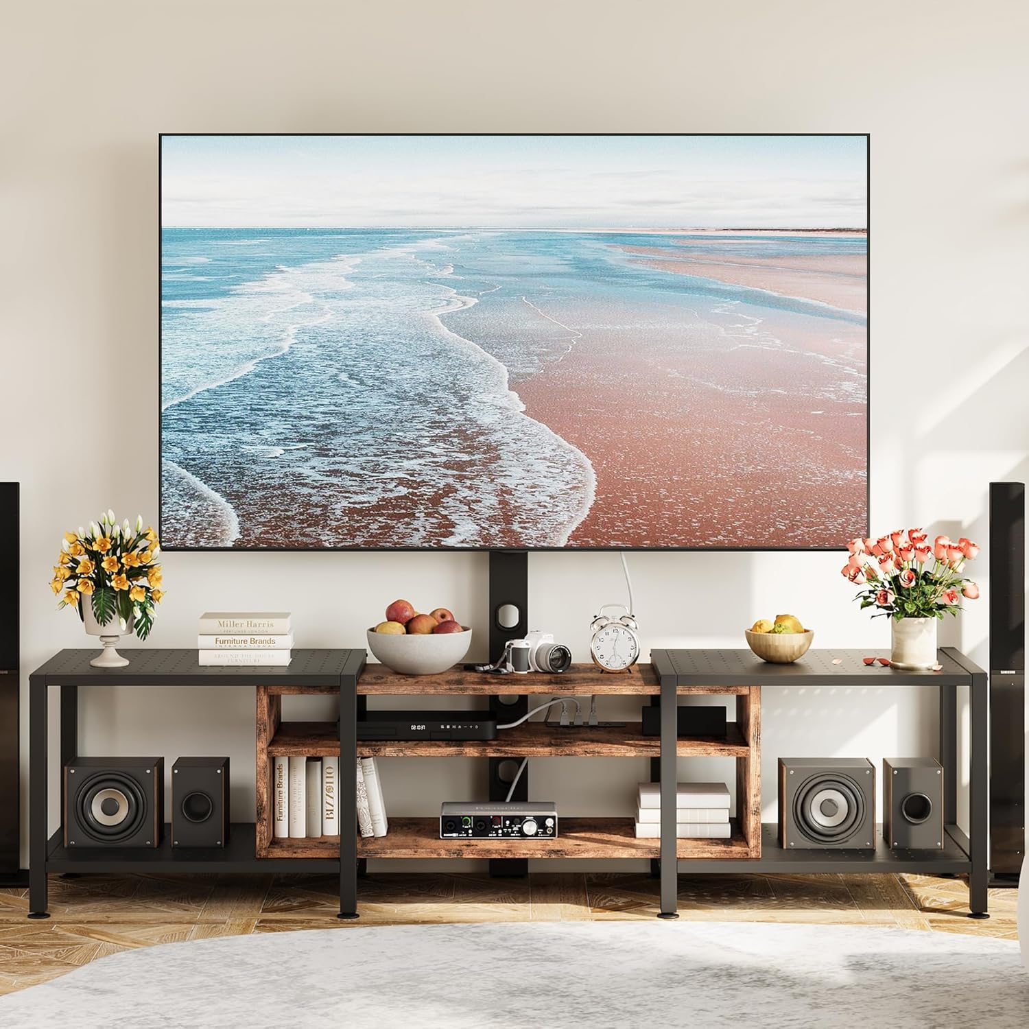 IRONCK 79 Inch TV Stand for TVs up to 85 Inch with Mount and Power Outlet, 3 Tiers TV Console with Storage Shelves, Entertainment Center, Steel Frame, for Living Room, Bedroom, Vintage Brown - Image 8