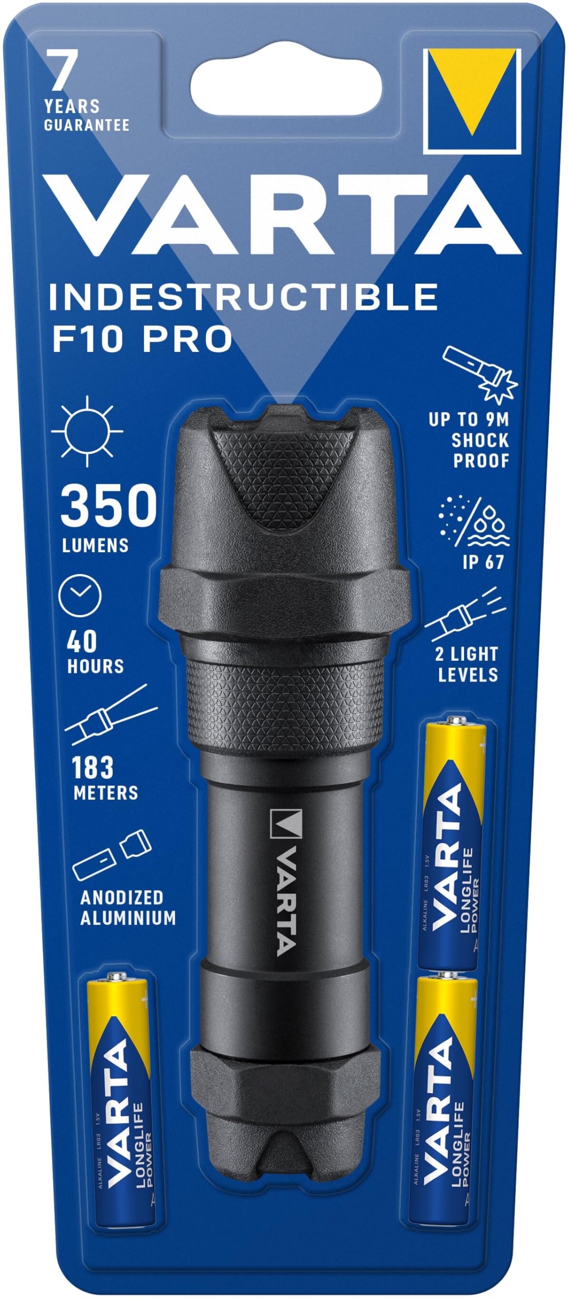 VARTA Indestructible F10 Pro 3,5 Vatios LED Linterna/Linterna de trabajo, incluye 3 pilas AAA de larga duración, resistente al agua y al polvo, absorbe impactos, carcasa de aluminio anodizado, negro