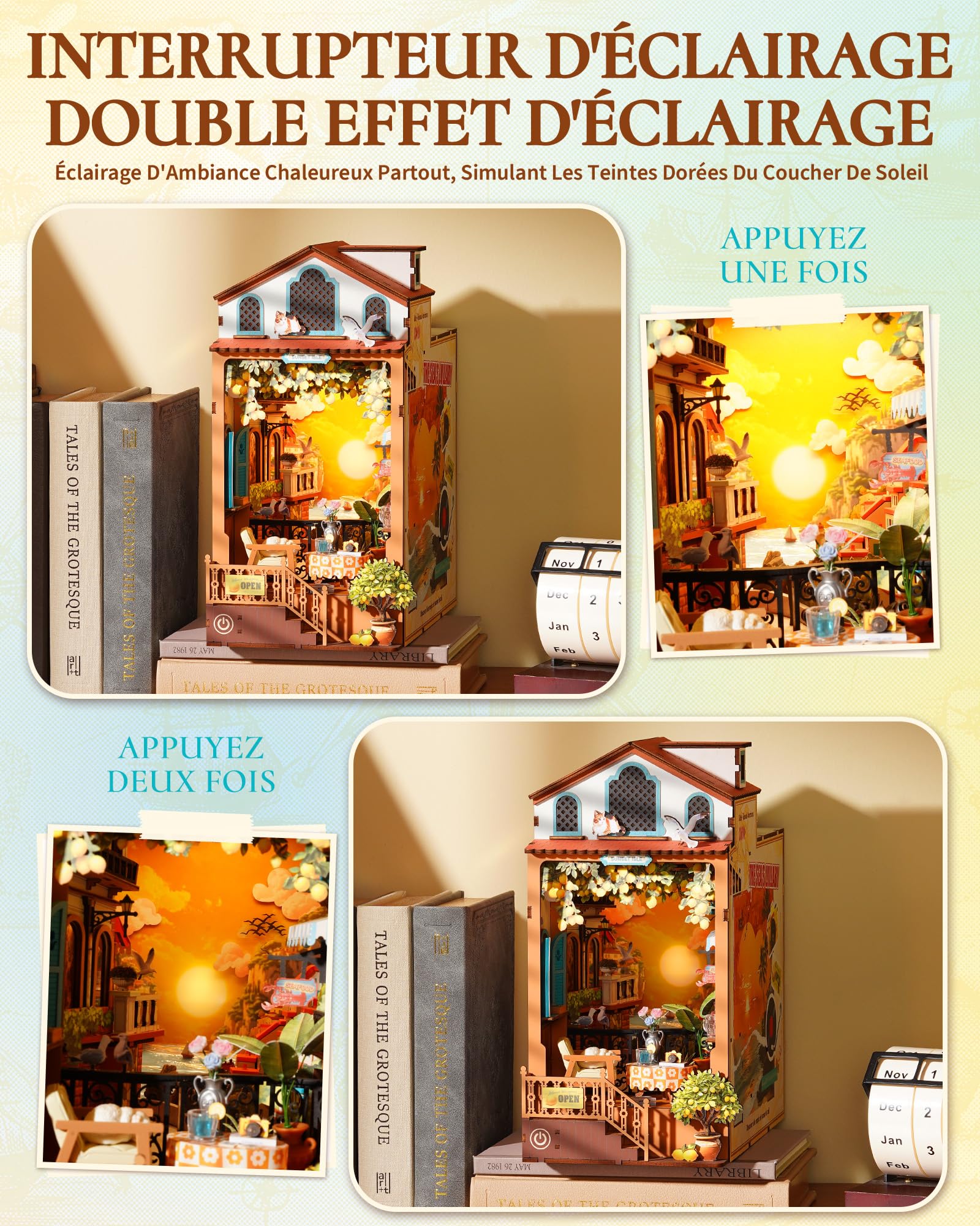 Rolife Book Nook DIY Maquette en Bois Adulte avec Lumières L'Île du Couchant Puzzle 3D Miniature Maison à Construire Serre-Livres Diorama Décoration Livre Bibliothèque Salon