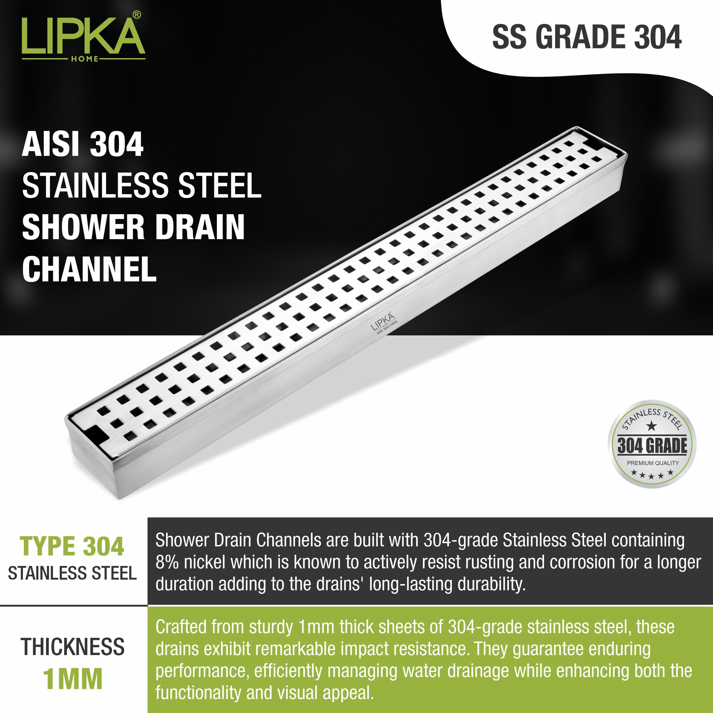 LIPKA Palo Shower Drain Channel | 18 x 2 Inches | 304 Stainless Steel Shower Water Drain Channel | Linear Floor Drains with Side Hole & Jali (Cockroach Trap Not Included) 2