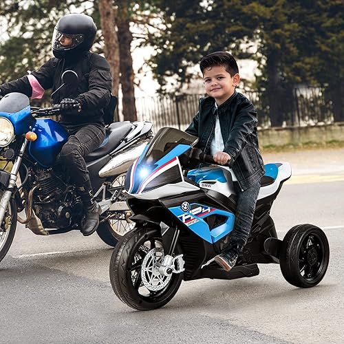 Miniatura 2 de HONEY JOY Motocicleta infantil de 12 V vehículo eléctrico con batería BMW para niños faros bocina música pedal de pie motocicleta de 3 ruedas regalo