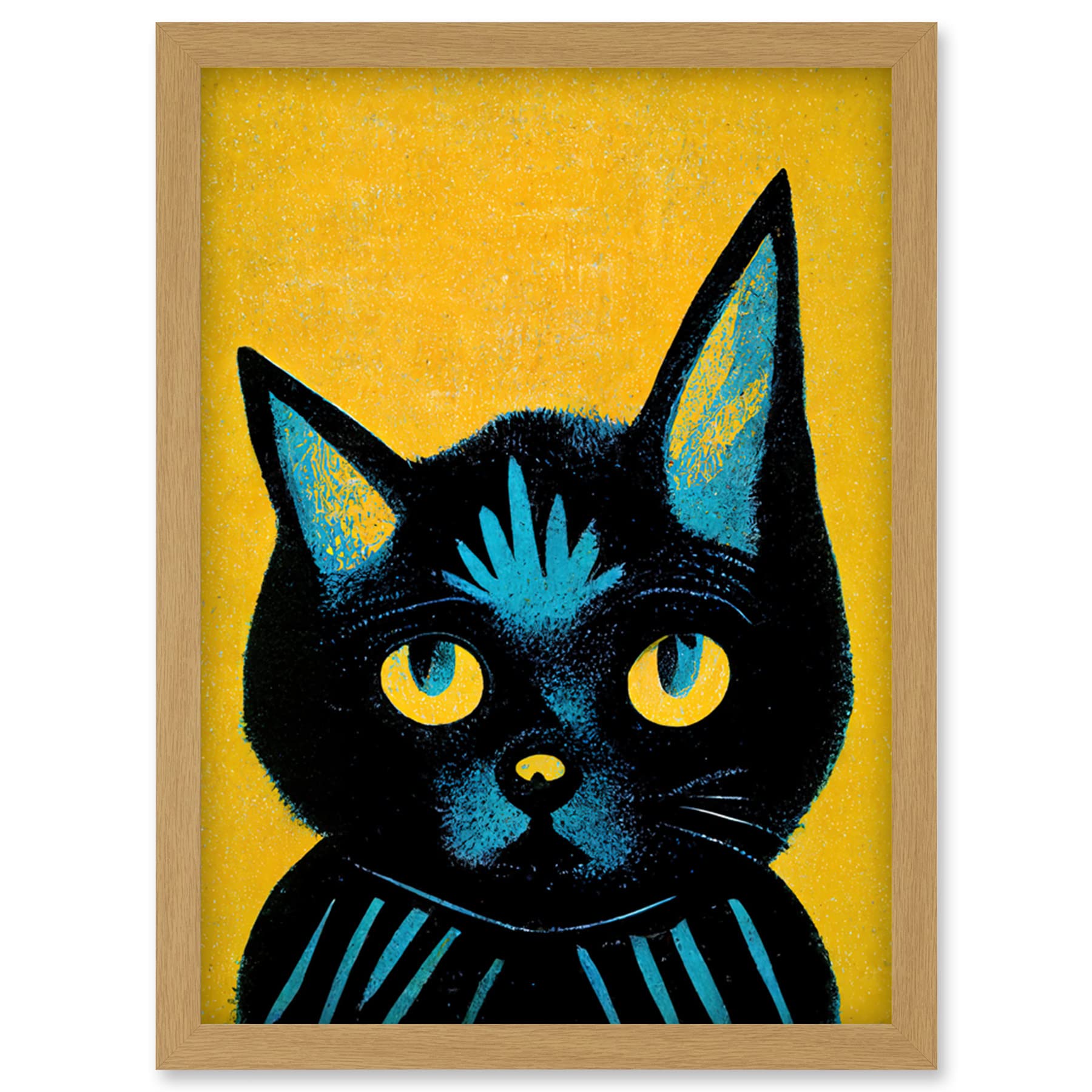 A4 Framed Wall Art Print - Quirky Bold Black Cat Yellow Blue Artwork - Artery8