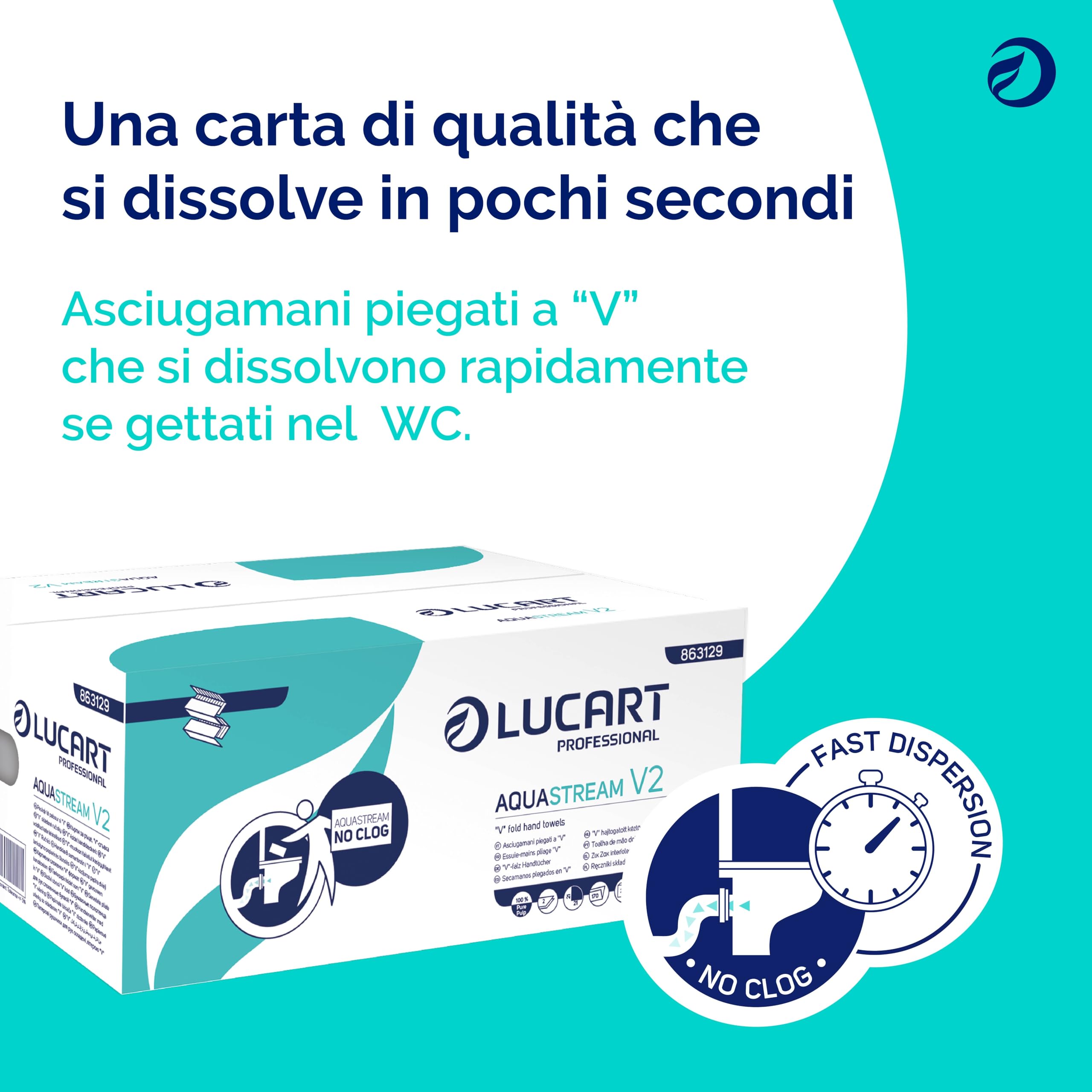 Lucart Professional, AquaStream V2, Asciugamani Piegati a V ad alta dissolvenza, Ideale per Bagni Pubblici e Uffici, 170 pezzi per confezione, 21x21 cm, 20 confezioni