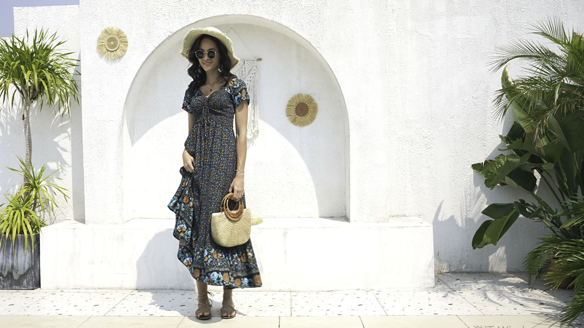 Summer V Neck Smocked Boho Maxi Dress for Women Short Sleeve Floral Flowy  Ruffle A-Line Long Beach Peasant Dresses at Amazon Women's Clothing store