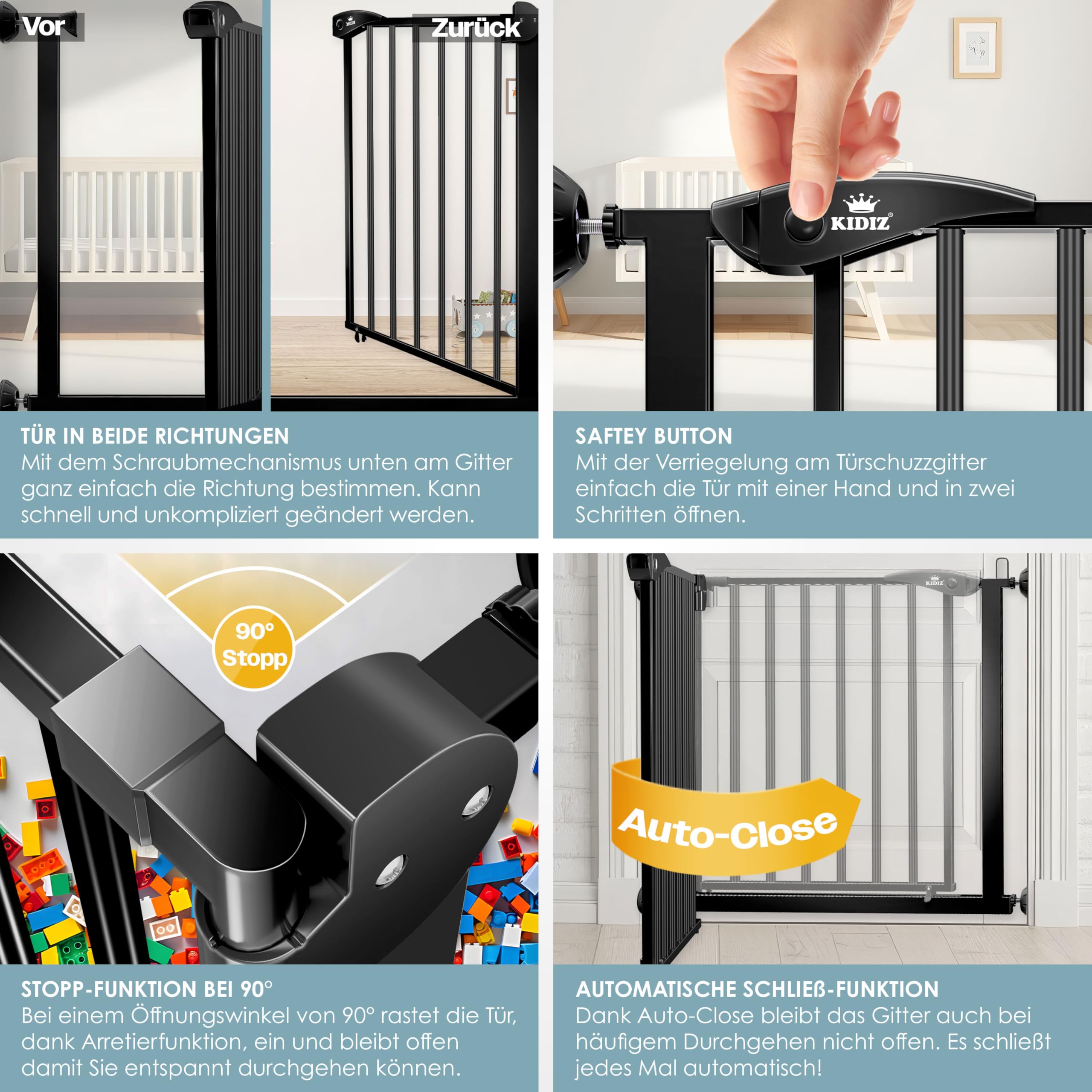 KIDIZ® Griglia di protezione per porte e scale, per bambini, senza forature, orientabile su entrambi i lati,