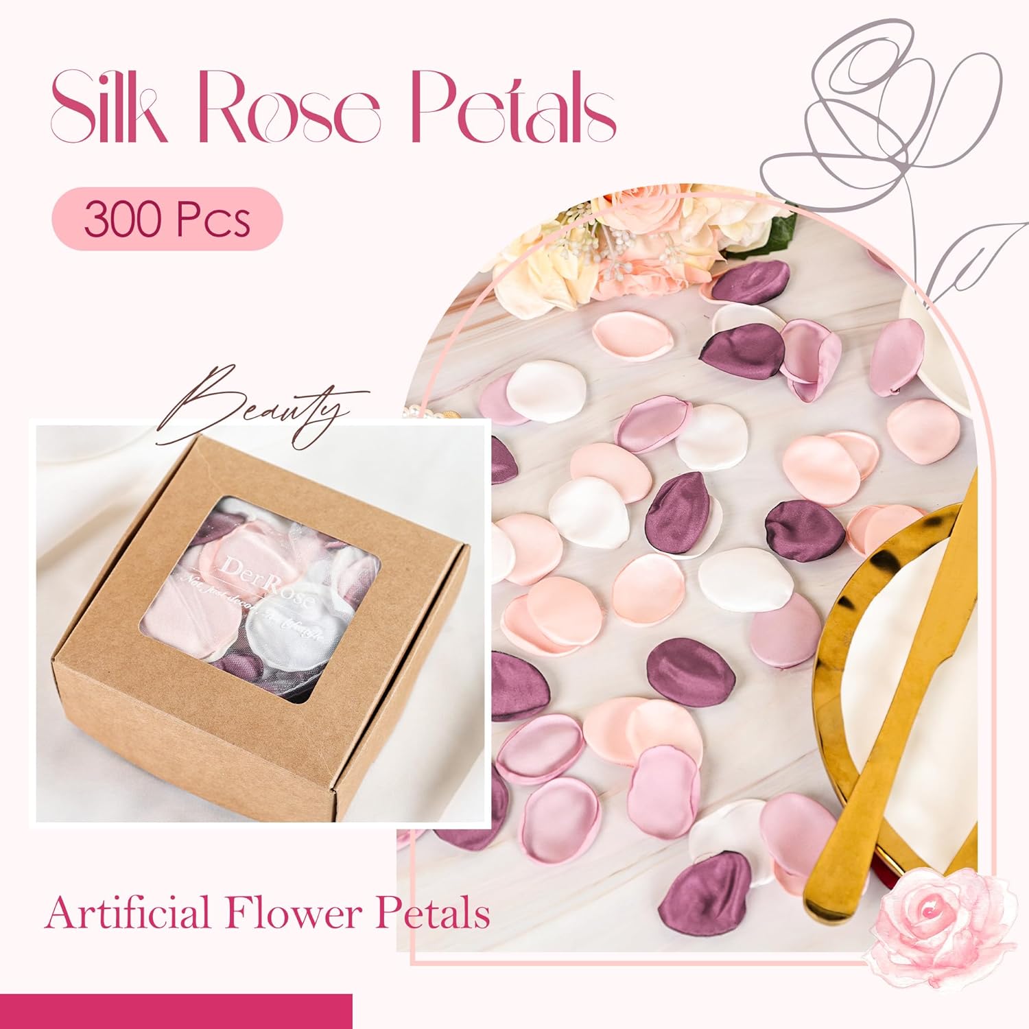 Der Rose 300pcs Artificial Flowers Silk Fake Pink Rose Petals Flower Girl Scatter Pedals for Aisle Centerpieces Table Confetti Party Favors Home Wedding Valentines Proposal Anniversary Decorations - Image 2