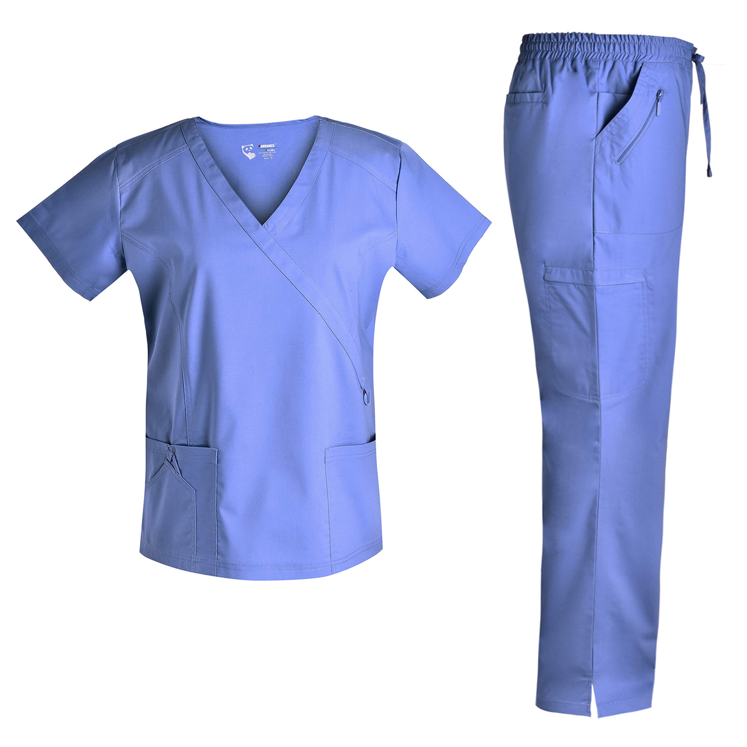 Women Stretch Set - Mock Wrap Stretch Top and Pants Multiple Pockets TCS3101, Ceilblue, L