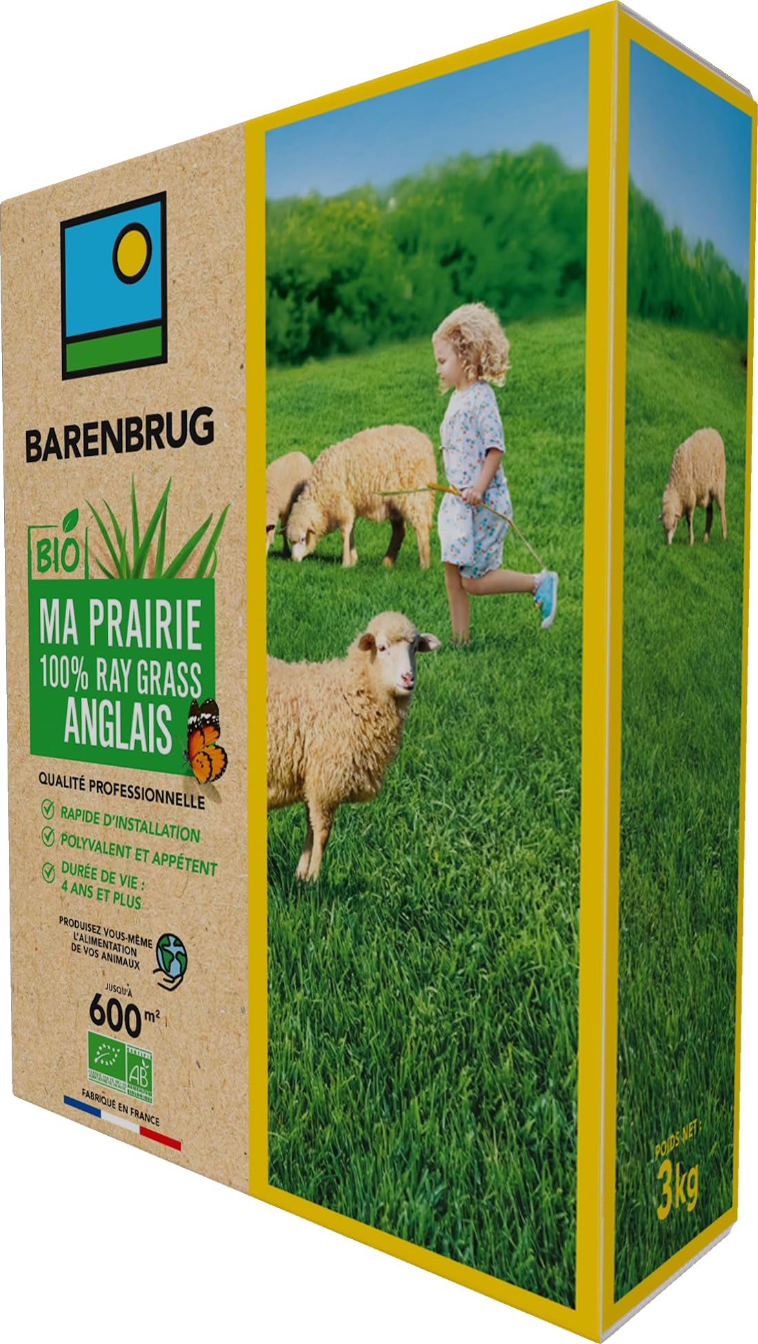 BARENBRUG - Prateria 100% Ray-Grass inglese BIO - Installazione rapida - Versatile e appetitosa - Ottima durata 4 anni in + - Produzione Alimentazione per animali - Made in France - 3KG