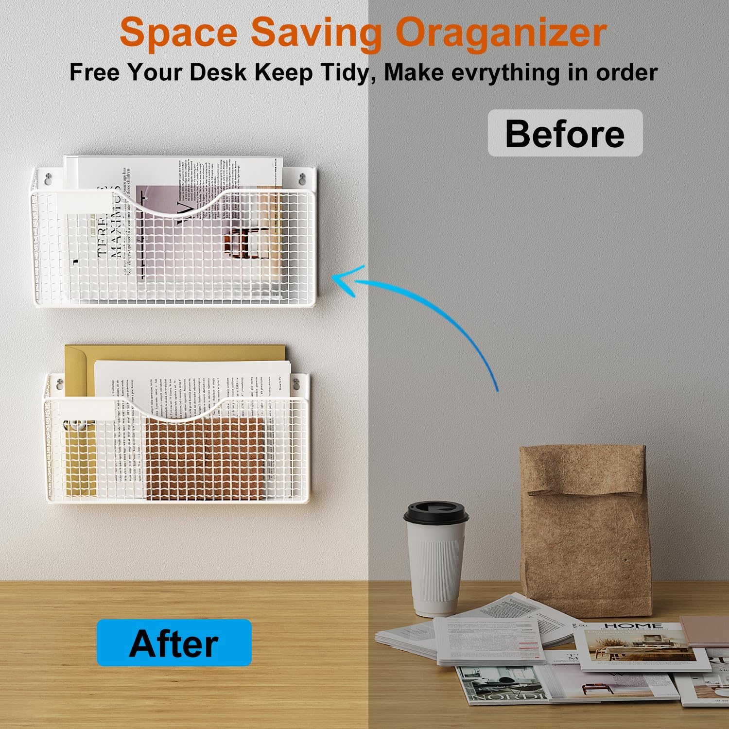 MFTEK Magnetic File Holder, 2 Pockets Wall File Folders Holder No Drilling Magnetic Paper Mail Organizer Magazine Basket, Hanging Storage Rack for Fridge Cabinets Office Classroom(White)