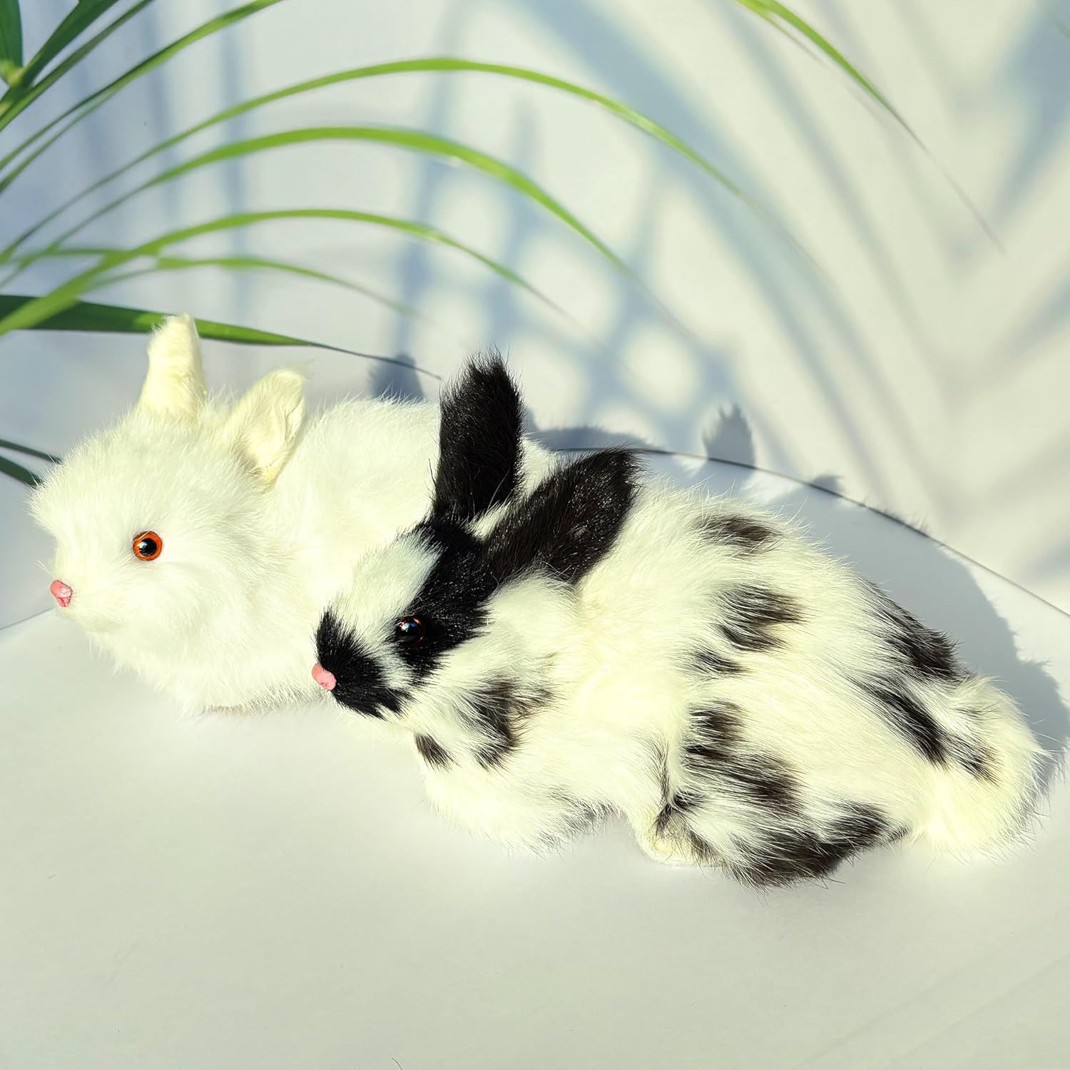 2 Realistic Rabbits Figurines - Lifelike Easter Bunnies Stuffed Farm Animal Plush Dutch Rabbits Statue Photo Props Spring Home Decoration (White+Black&White)