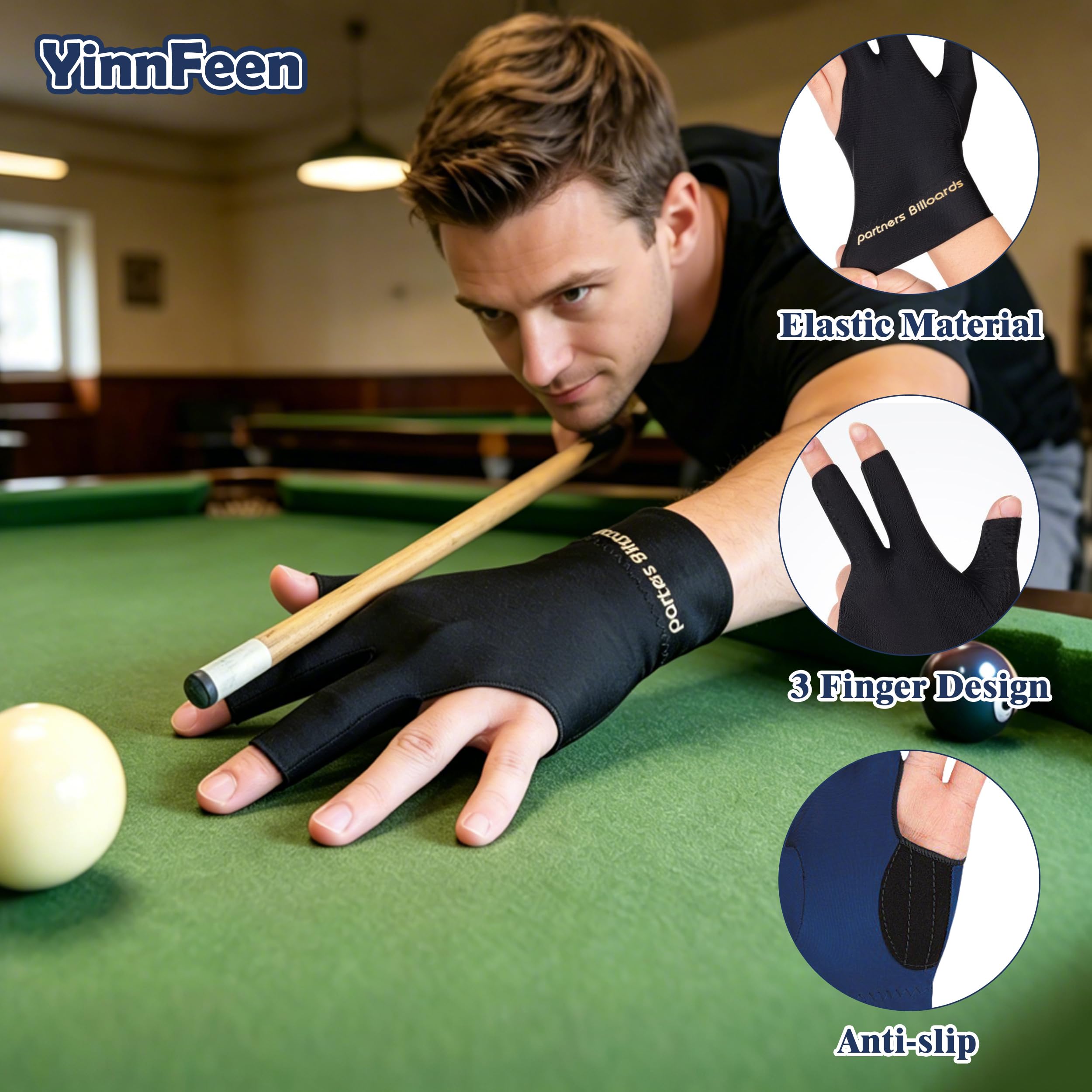 Guanti da Biliardo 3 Dita per Mano Sinistra 6 Pezzi Accessori Snooker Pool Allenamento