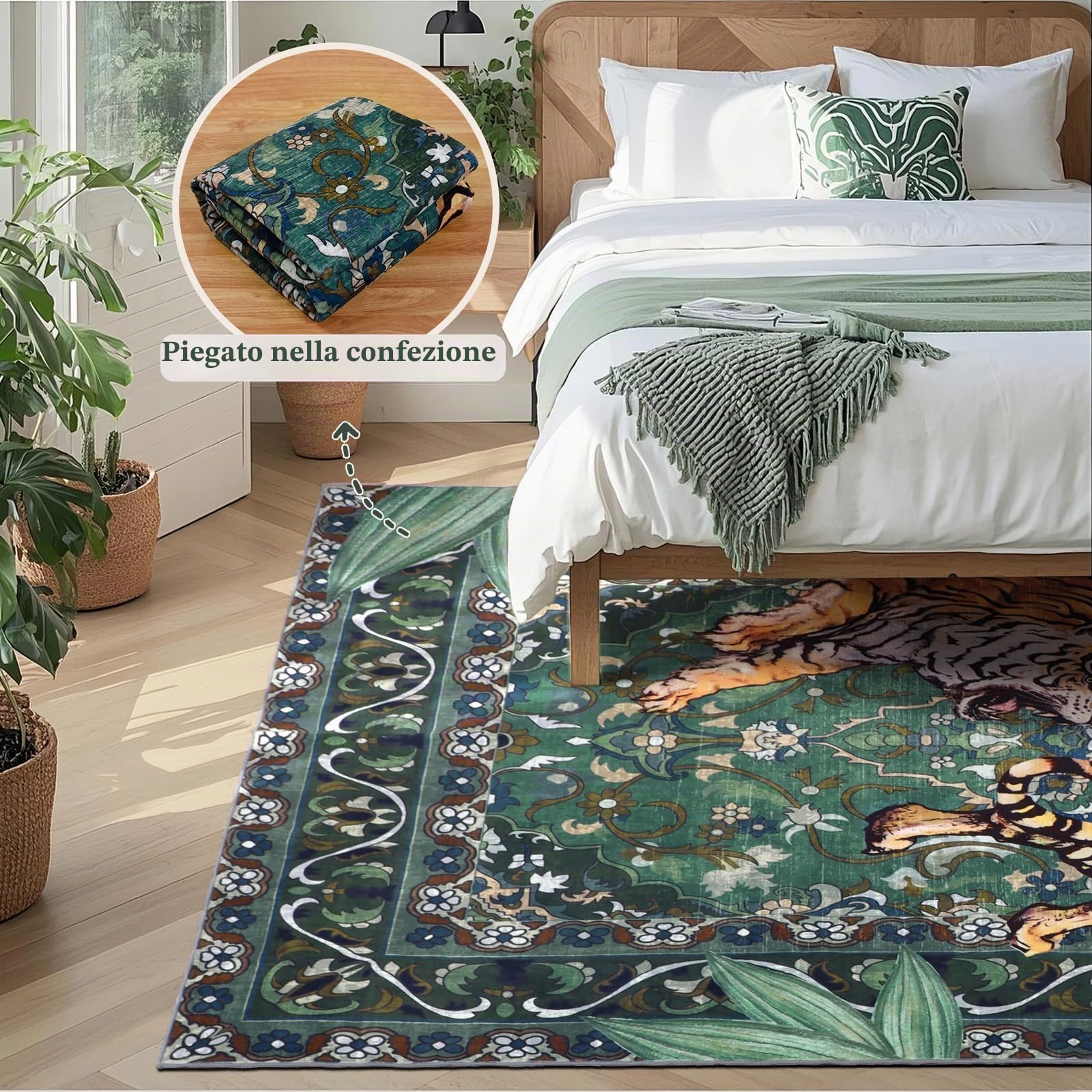 Tappeto lavabile per soggiorno, 120 x 180 cm, motivo animali verdi, morbido, per camera da letto, antiscivolo, bohémien, a pelo corto, per cucina, ufficio, bagno, cameretta dei bambini