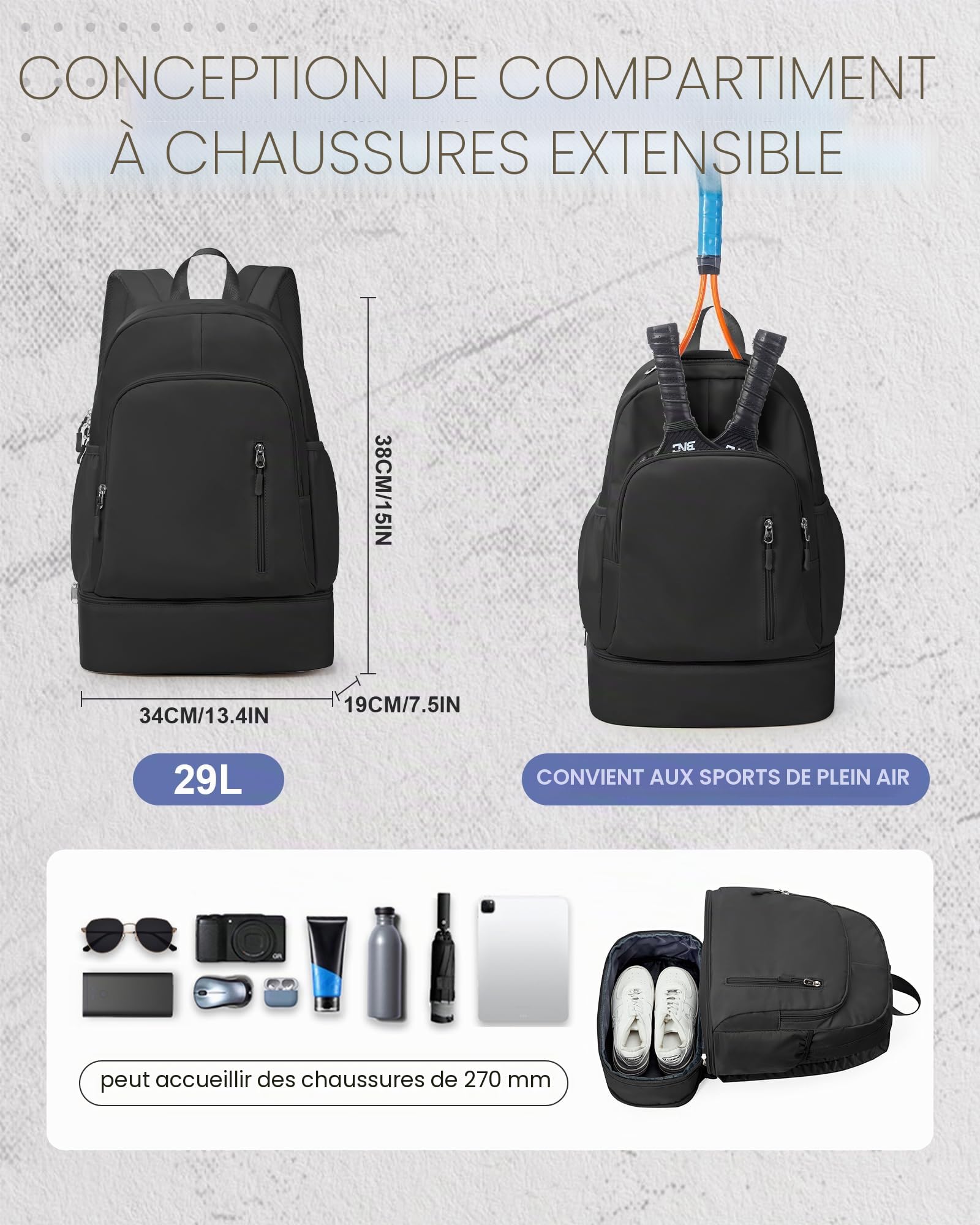 Sac a dos Sport Pour Femme Sac à dos Imperméable Avec Compartiment à Chaussures Sacs à dos Loisir Le Sport pour Le Aptitude Voyage Nager Randonnée Multifonction Homme,Noir