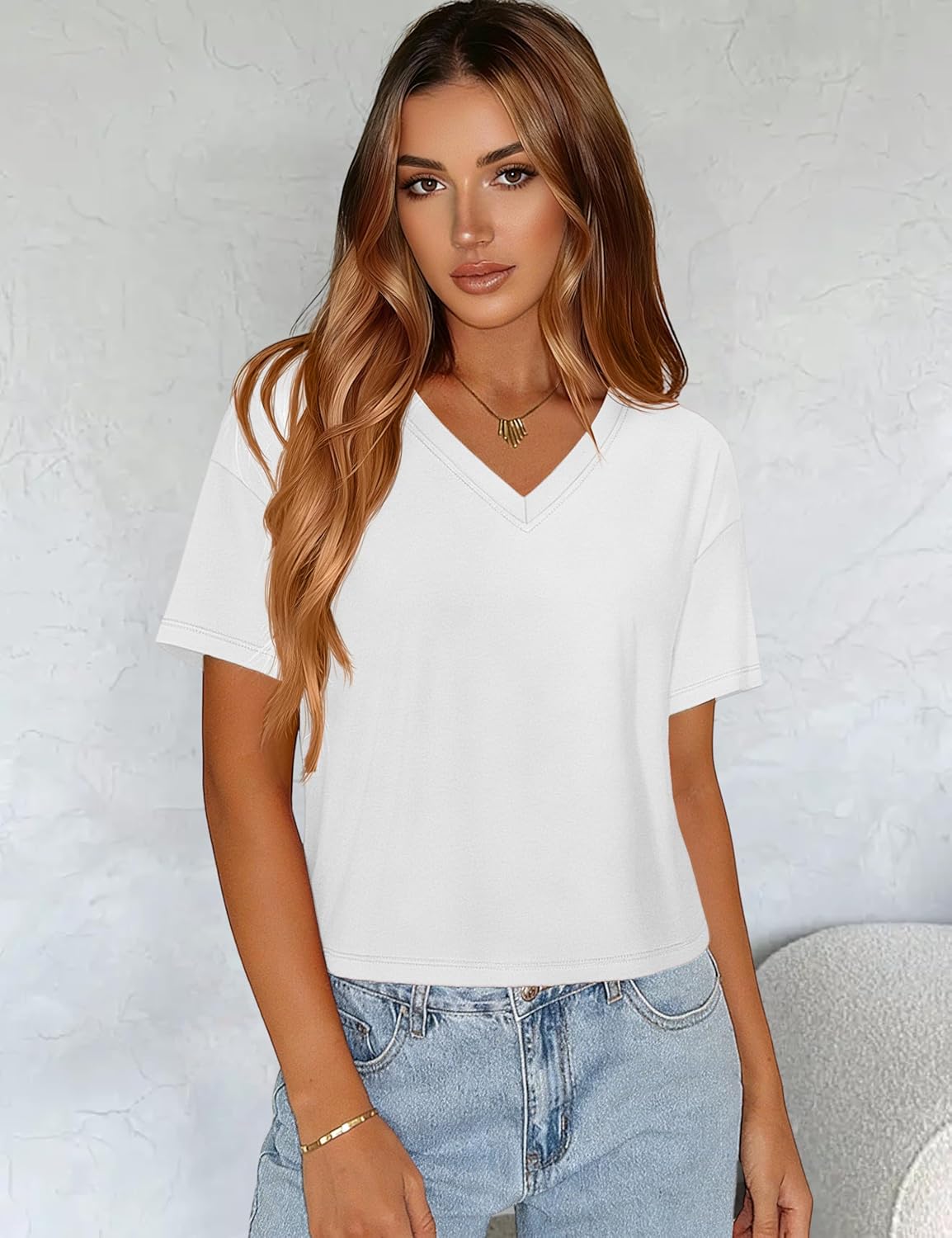 YUCOLEN Cropped T Shirts for Women Short Sleeve V Neck Cotton Basic Tees Soft Loose Fit UPF 50+ Crop Tops for Summer - Image 4