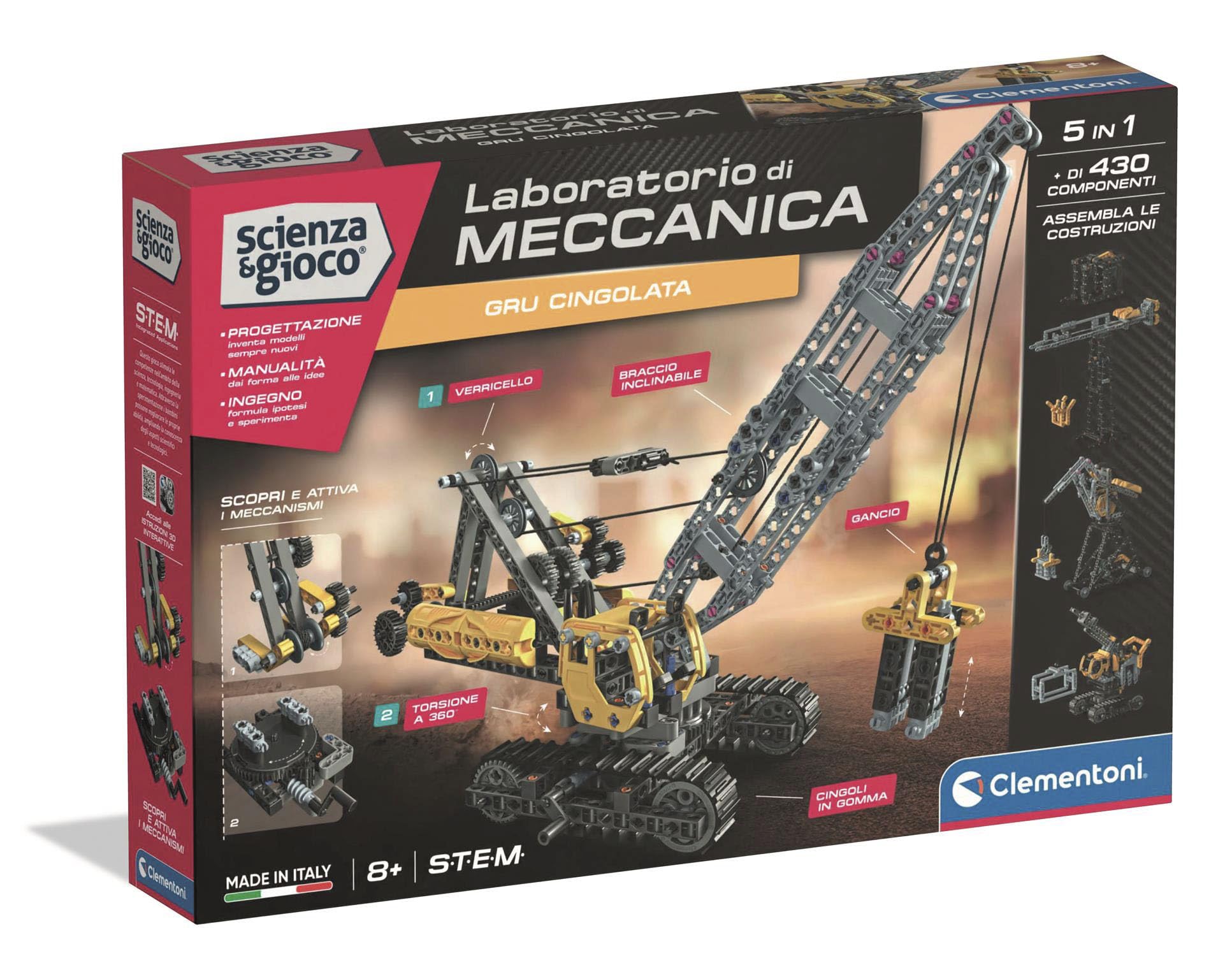 Clementoni Scienza e Gioco Laboratorio di Meccanica - Gru Cingolata, Set Costruzioni Bambini 8+ Anni, Scopri i Principi dell'Ingegneria, Made in Italy, Lingua Italiana, 19442