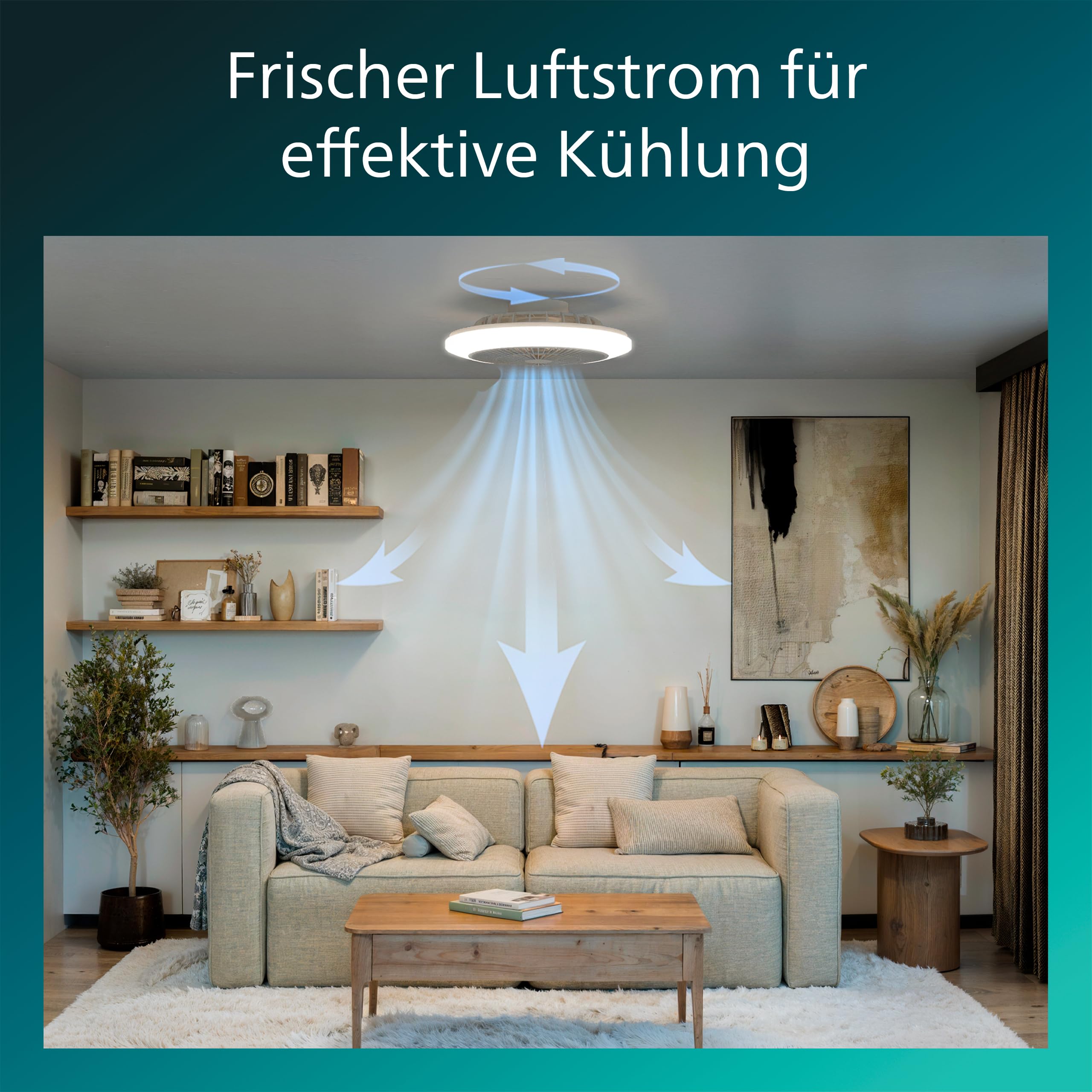 Lampa z wiatrakiem Philips Amigo LED, Zakrzywione Łopatki w Bezpiecznej Podwójnej Obręczy, Średnica 48 cm, 4400 Lumenów, Pełna Paleta Kolorów i Regulowana Barwa 2700–6500 K, 6 Prędkości, Pilot, Biały